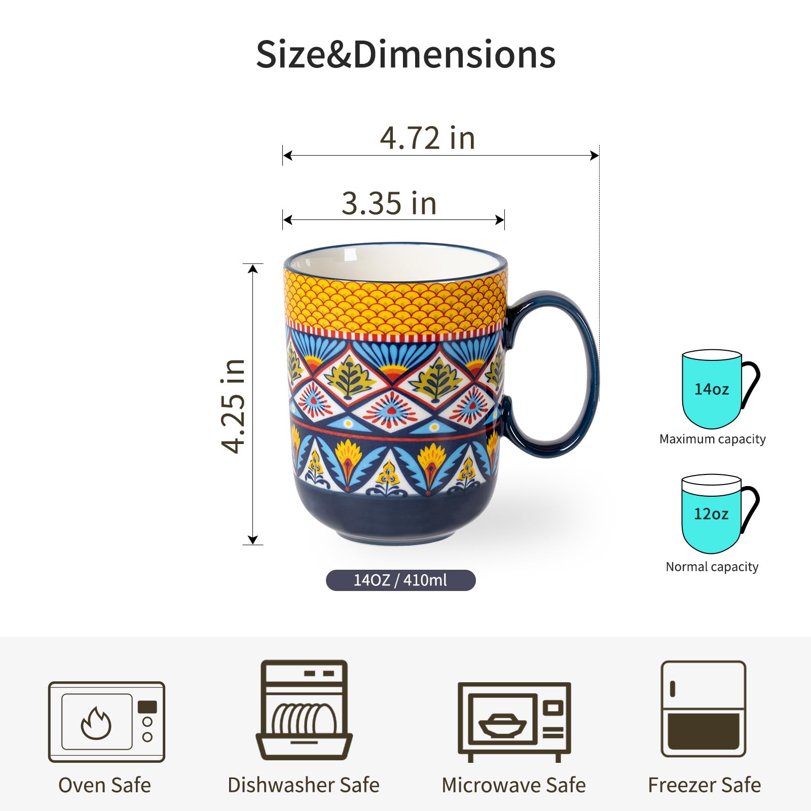 HENXFEN LEAD Bohemian Porcelain Coffee Mugs - 14oz Stackable Set of 6
