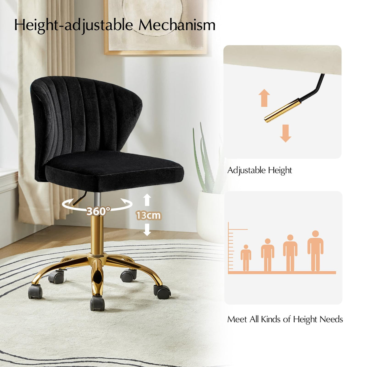 HULALA HOME Height Adjustable Swivel Desk Chair with Gold Base, Black - image 2