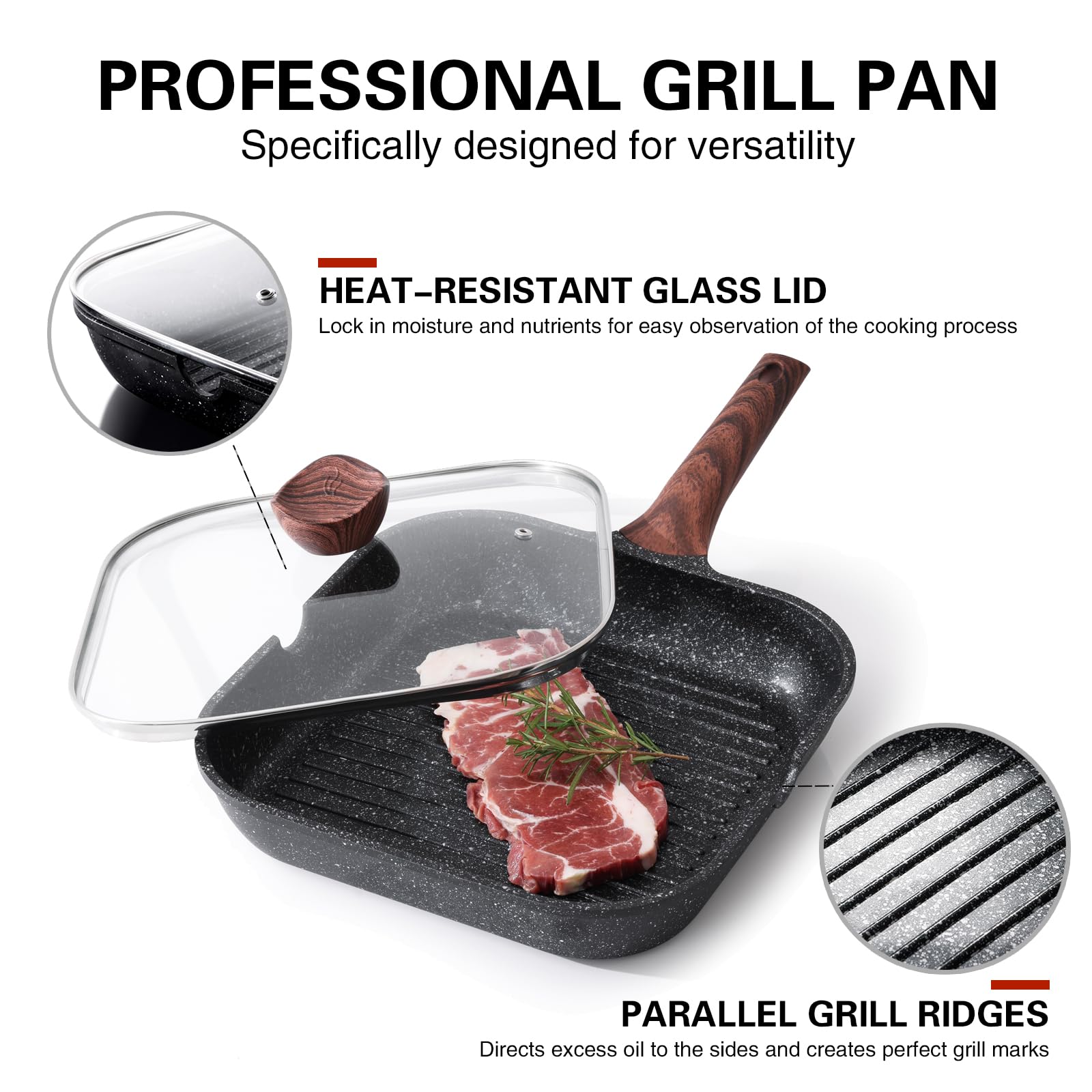 Kordisen 11 Inch Nonstick Square Grill Pan with Lid – Granite Coating