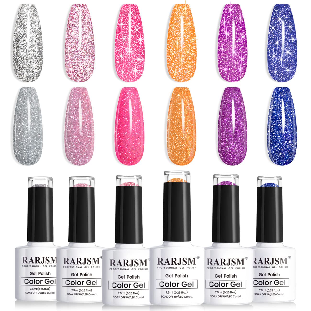 RARJSM Reflective Gel Nail Polish Set | 6 Color Neon Glitter UV LED Soak Off
