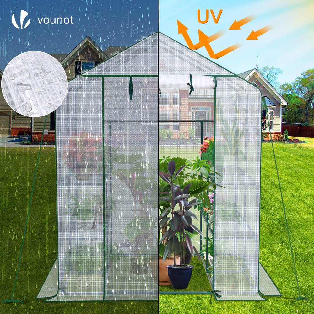 VOUNOT Walk-In Greenhouse with 8 Shelves | White PE Grow House – 143x195cm