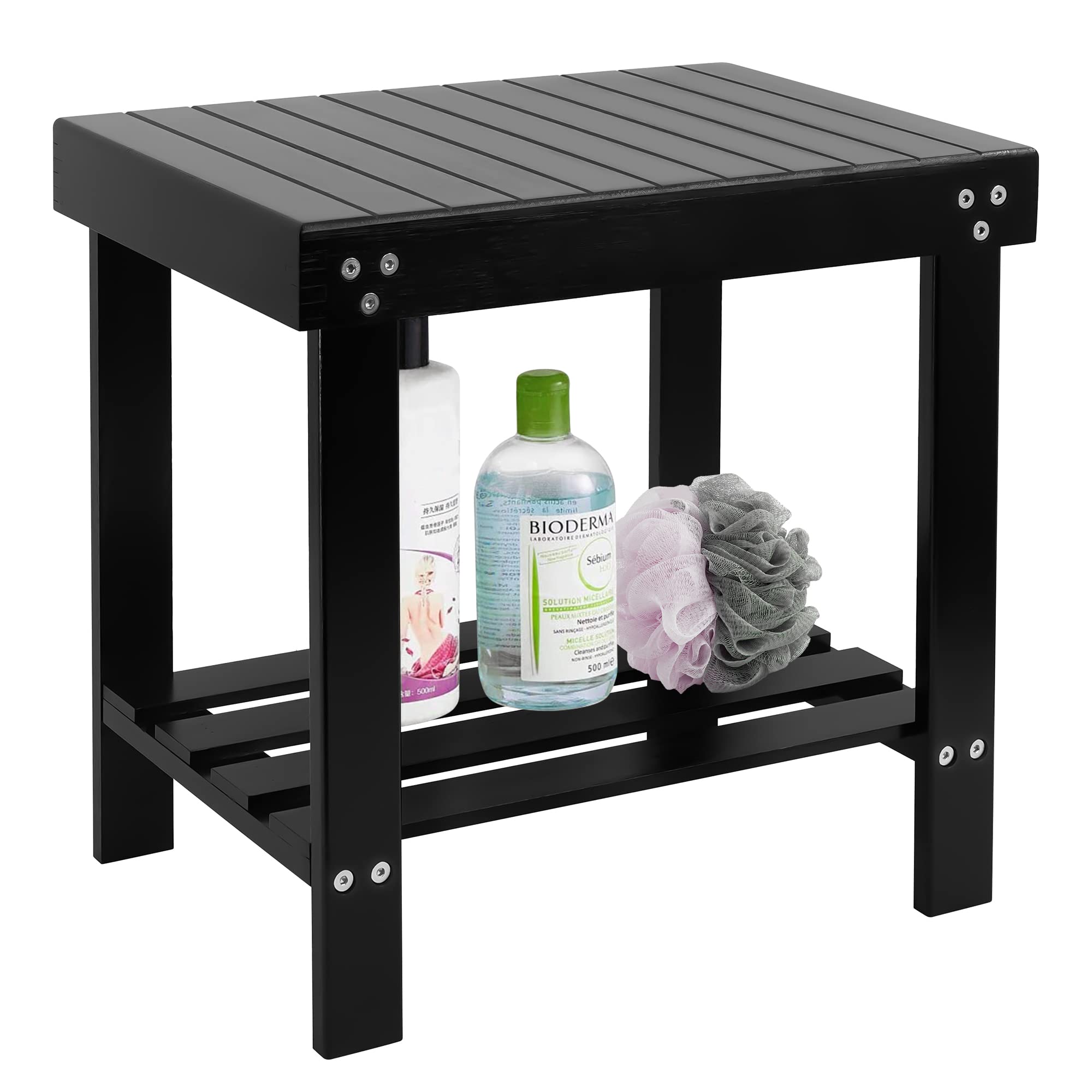 VaeFae Bamboo Spa Bench – Black Wood Shower Stool with Storage Shelf