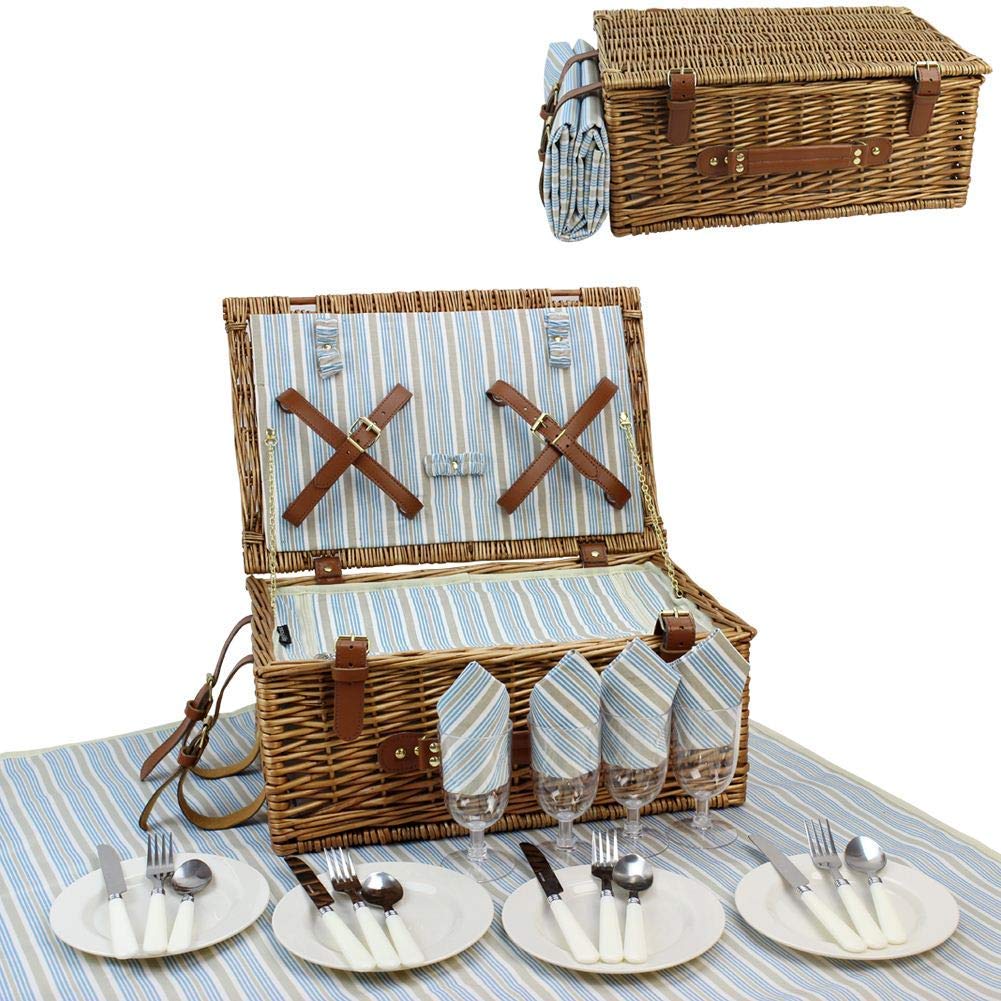 HappyPicnic Wicker Picnic Basket Set for 4 – Willow Hamper with Cooler