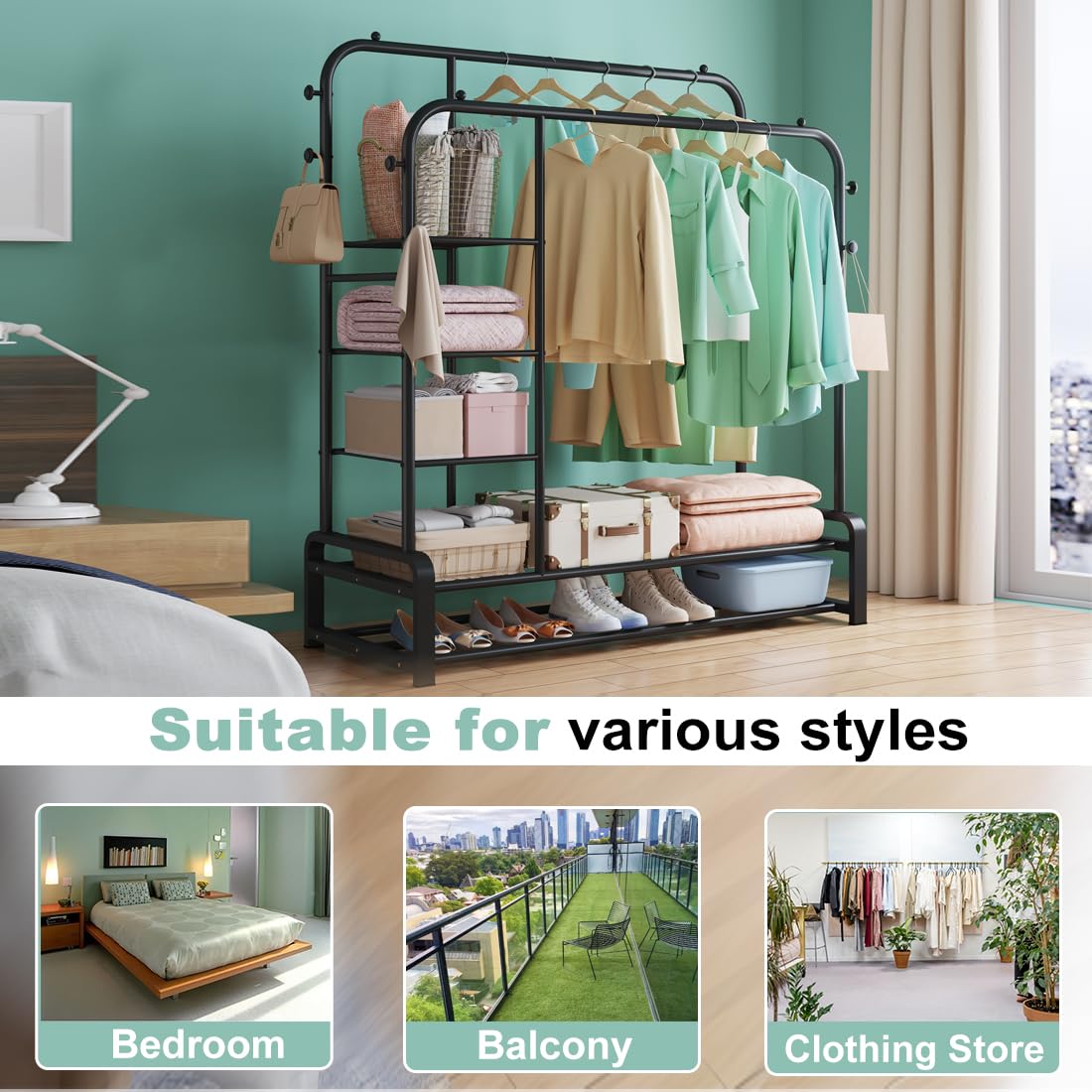 SMILOVII Heavy Duty Clothes Rail | Double Metal Clothing Rack with Shelves