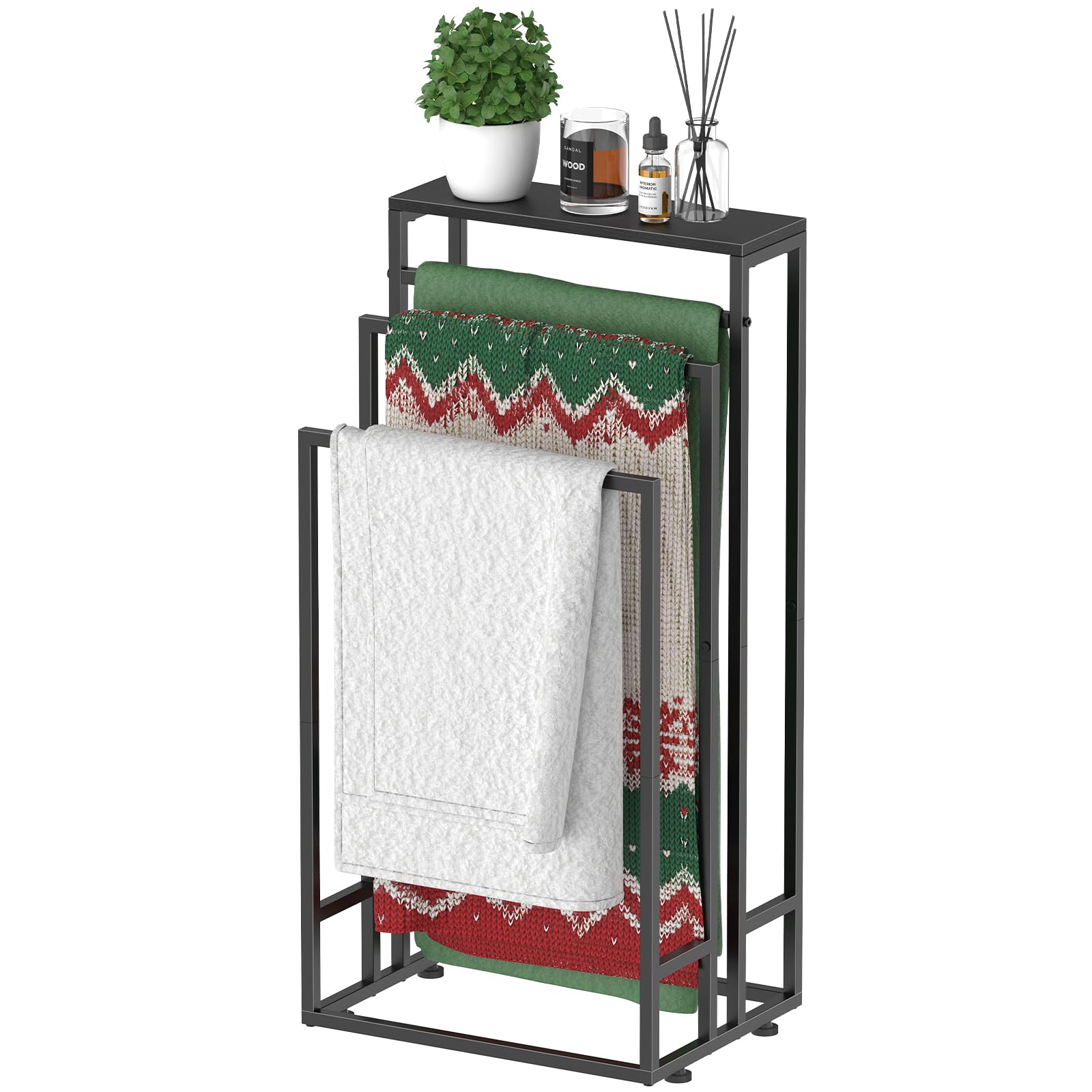 LIANTRAL 3-Tier Freestanding Towel Rack with Storage Shelf - Black Metal