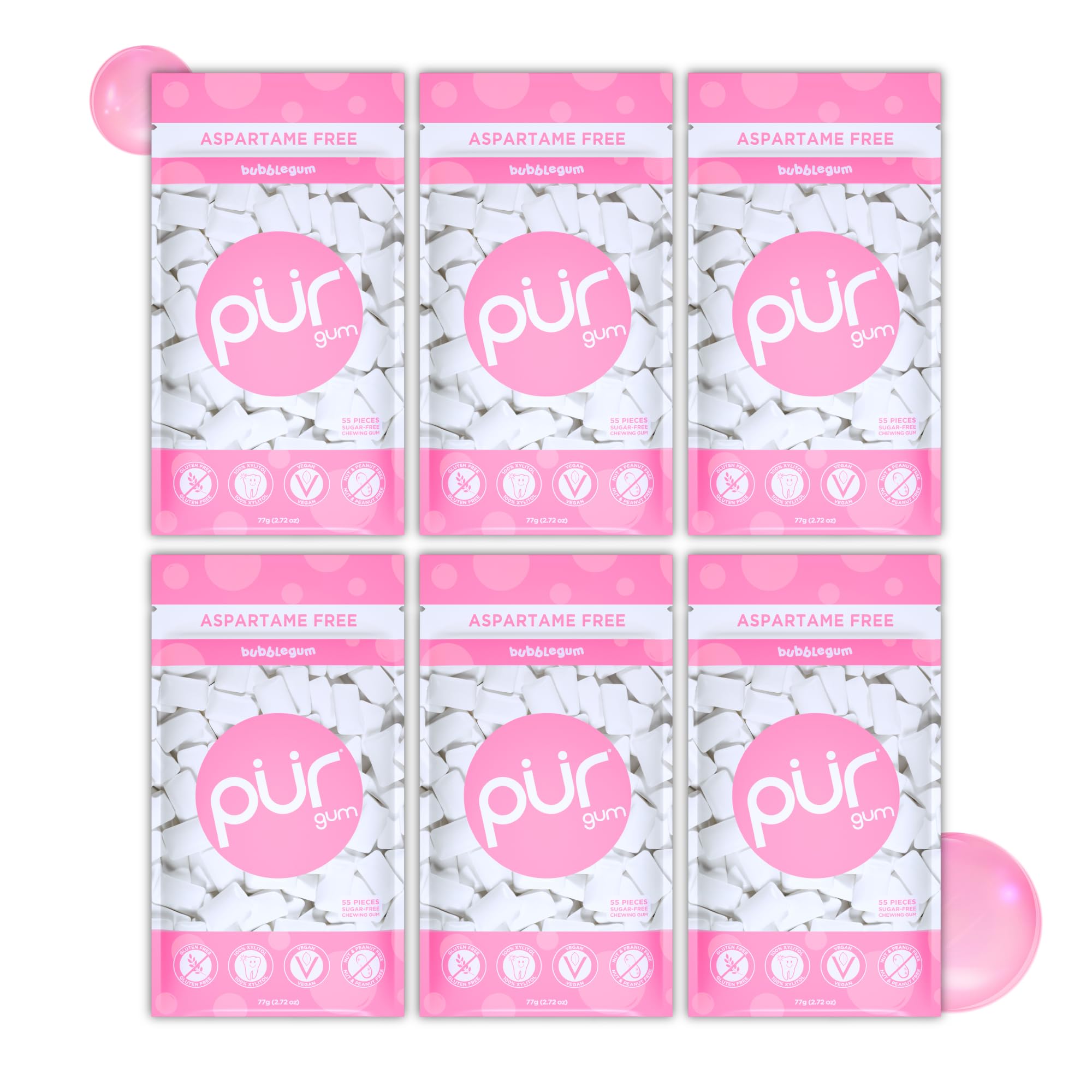 PUR Bubblegum Sugar Free Xylitol Chewing Gum - Vegan & Keto - 55 Count