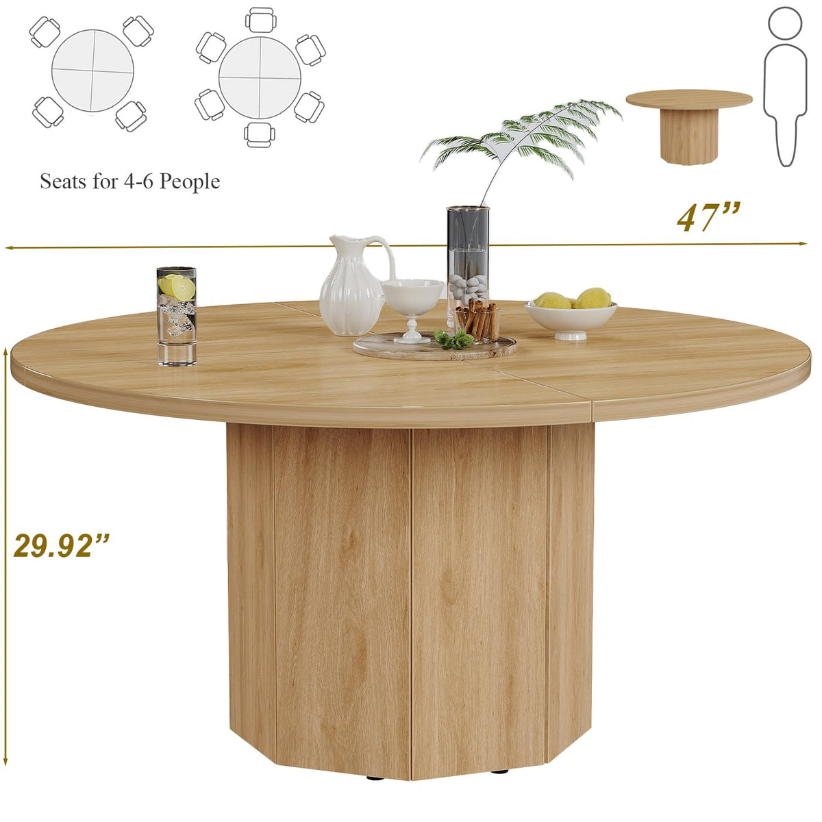HSH Wooden Round Dining Table for 4, Modern Farmhouse Wood Dinner Table with Octagon Pedestal Base, Circular Kitchen Dining Room Table for Home - image 2