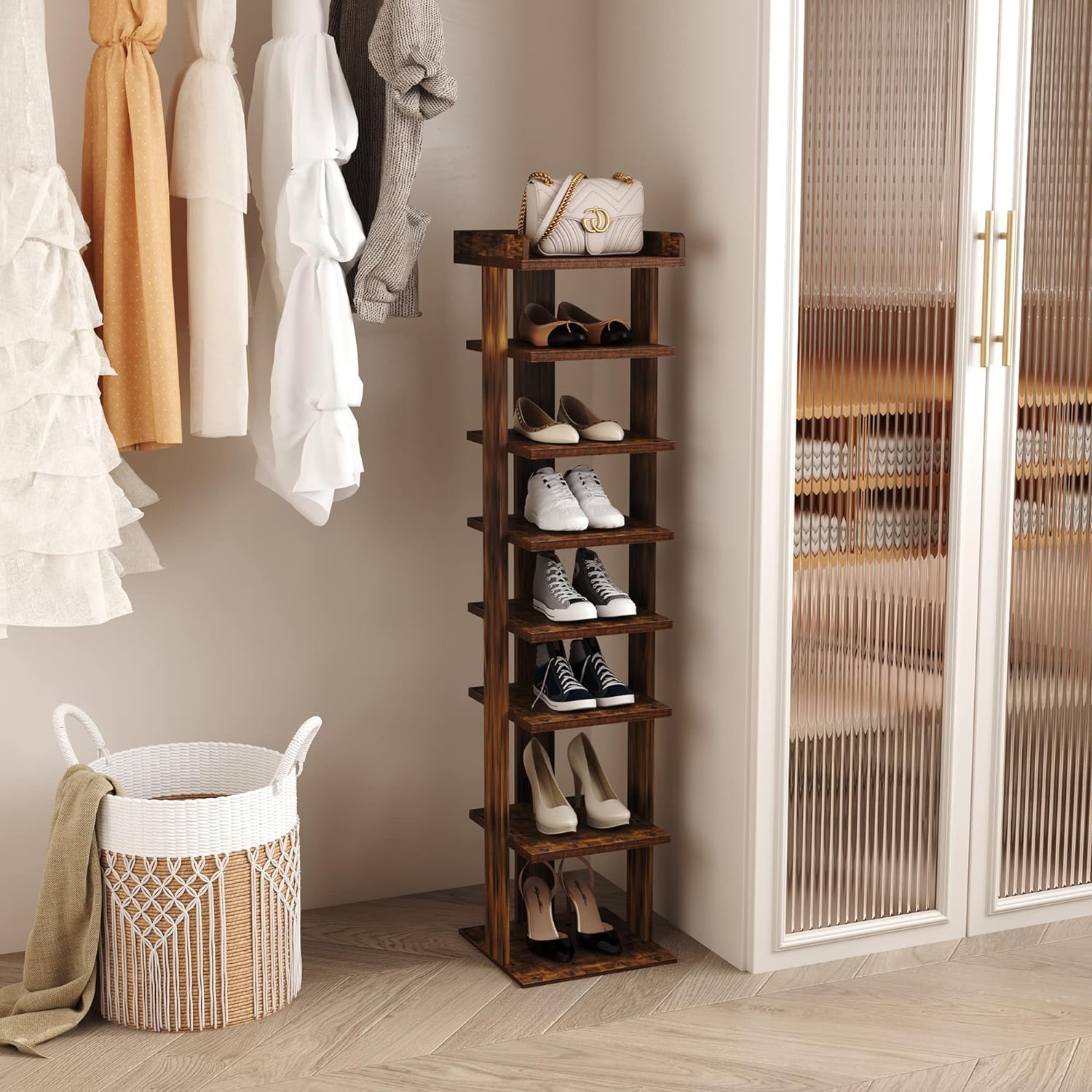 HOME BI 7-Tier Narrow Shoe Rack – Slim Wooden Corner Storage, Rustic Brown