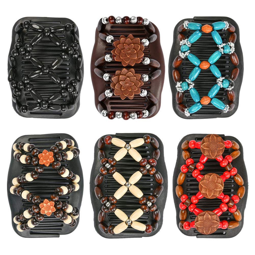 Jolof Store Wooden Beaded Double Hair Comb – 6 Pcs Stretchy Hair Clips