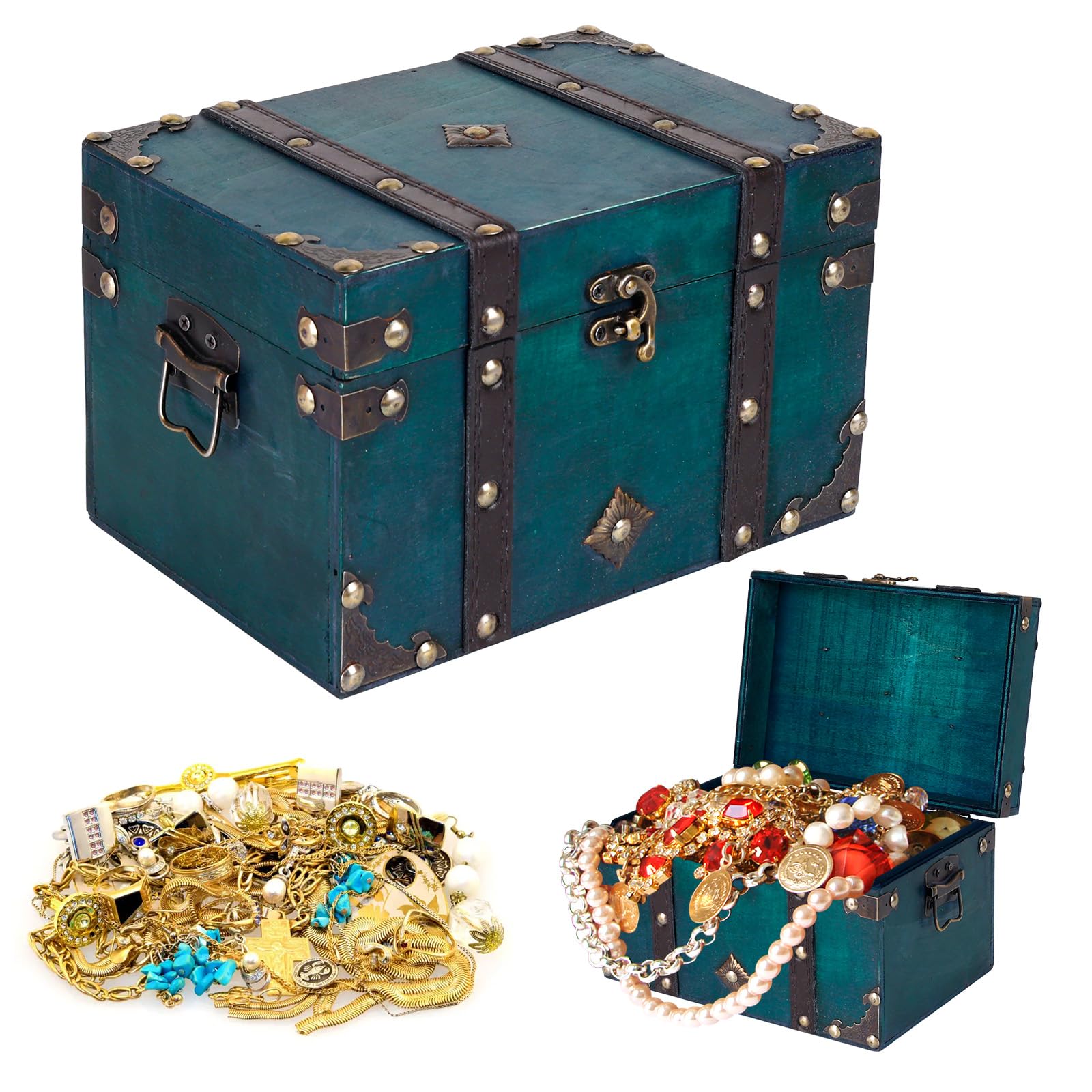 RAKUTE Wooden Pirate Treasure Chest – Large Vintage Jewelry Storage Box