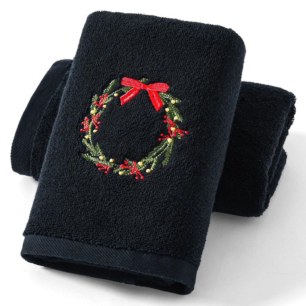 Christmas Wreath Embroidered Cotton Hand Towels - Set of 2