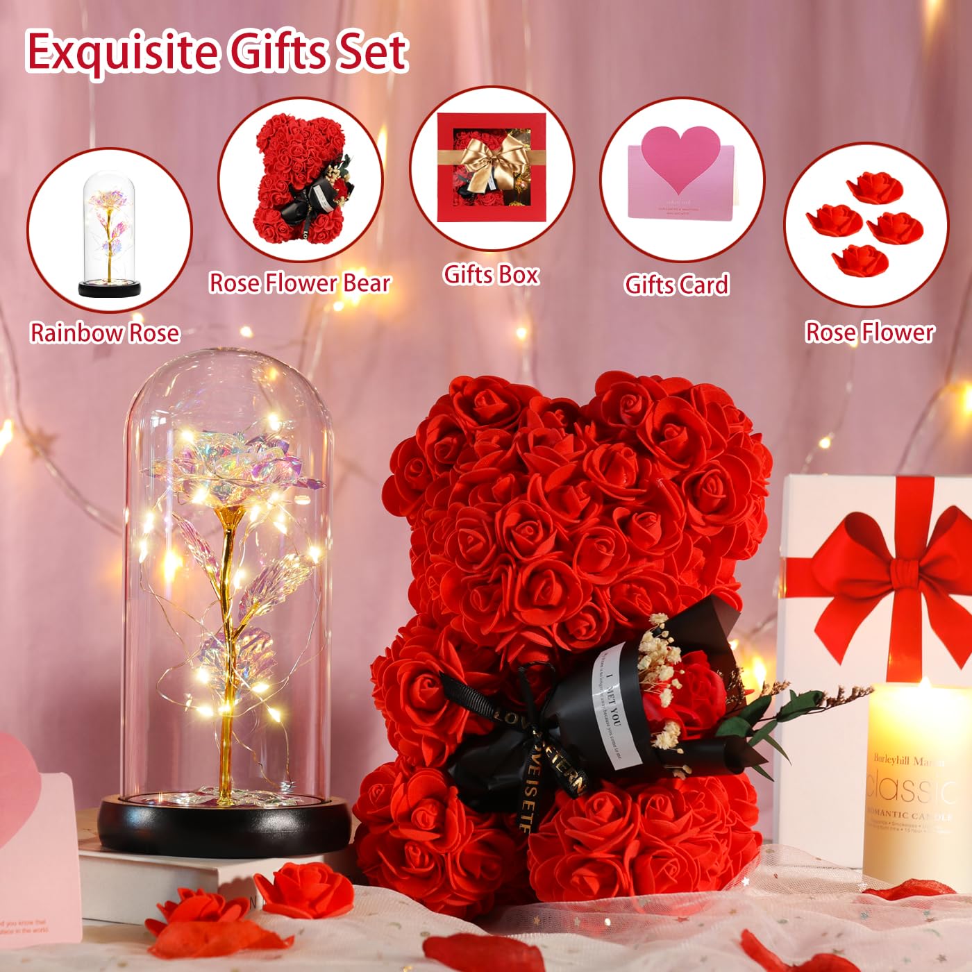 POHOMEGK Rose Teddy Bear & Forever Flower Box - Luxury Artificial Rose Gift