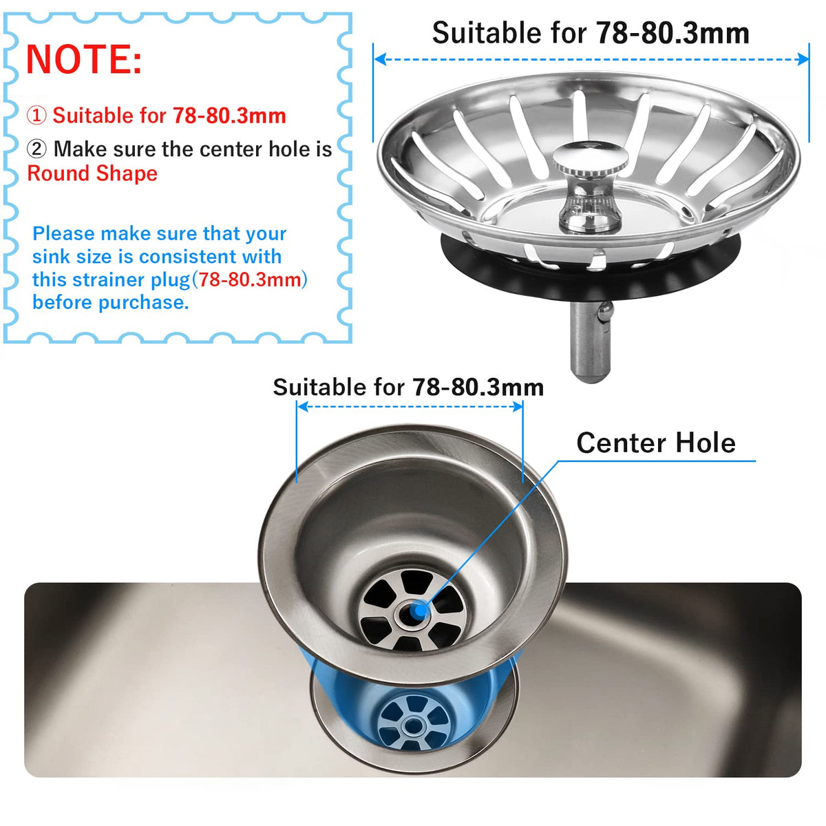 78mm Kitchen Sink Bowl Strainer and Plug, Stainless Steel Sink Plug for Kitchen Bowl Use, Kitchen Bathroom Food Hair Catcher Filter Stopper