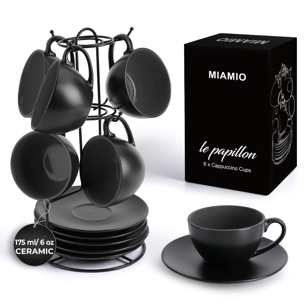 MIAMIO Ceramic Cappuccino Cups Set of 6 - 175ml Mugs with Stand & Saucers