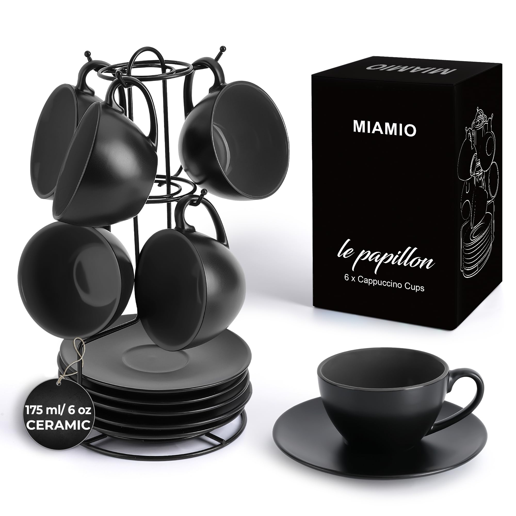 MIAMIO Ceramic Cappuccino Cups Set of 6 - 175ml Mugs with Stand & Saucers