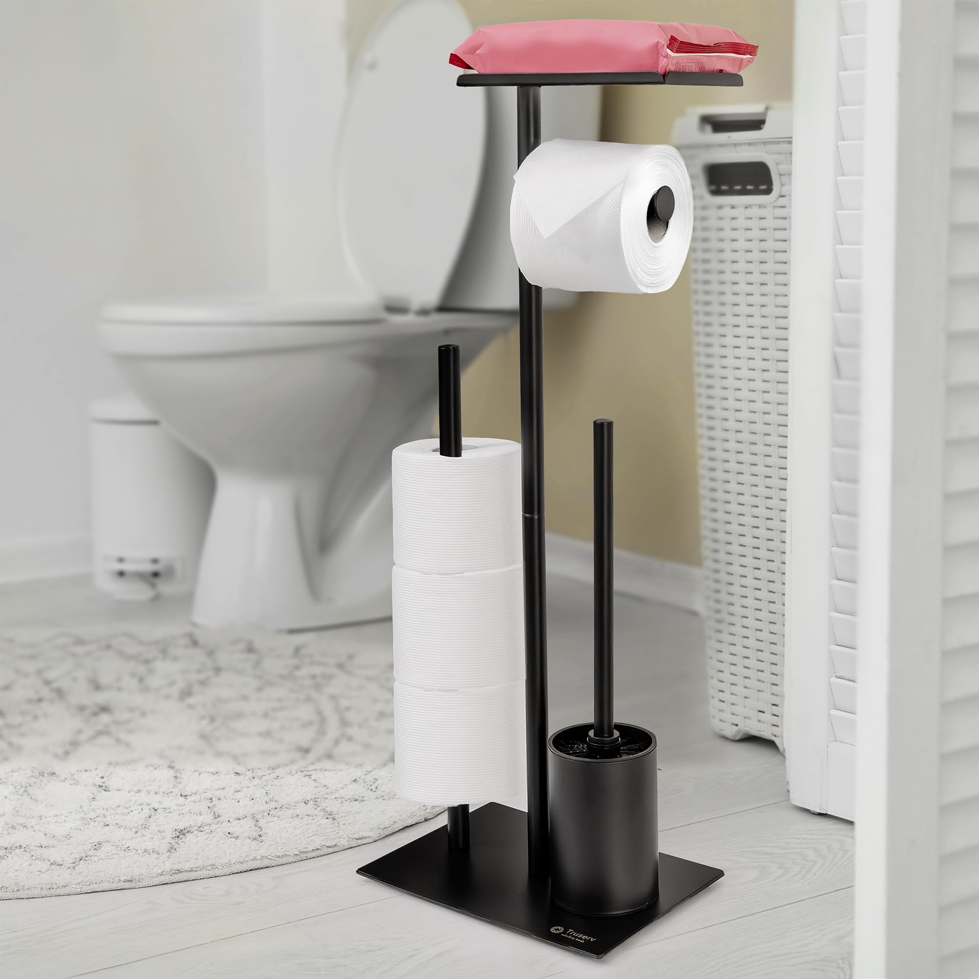 Free Standing Toilet Roll Holder with Brush & Shelf - Black