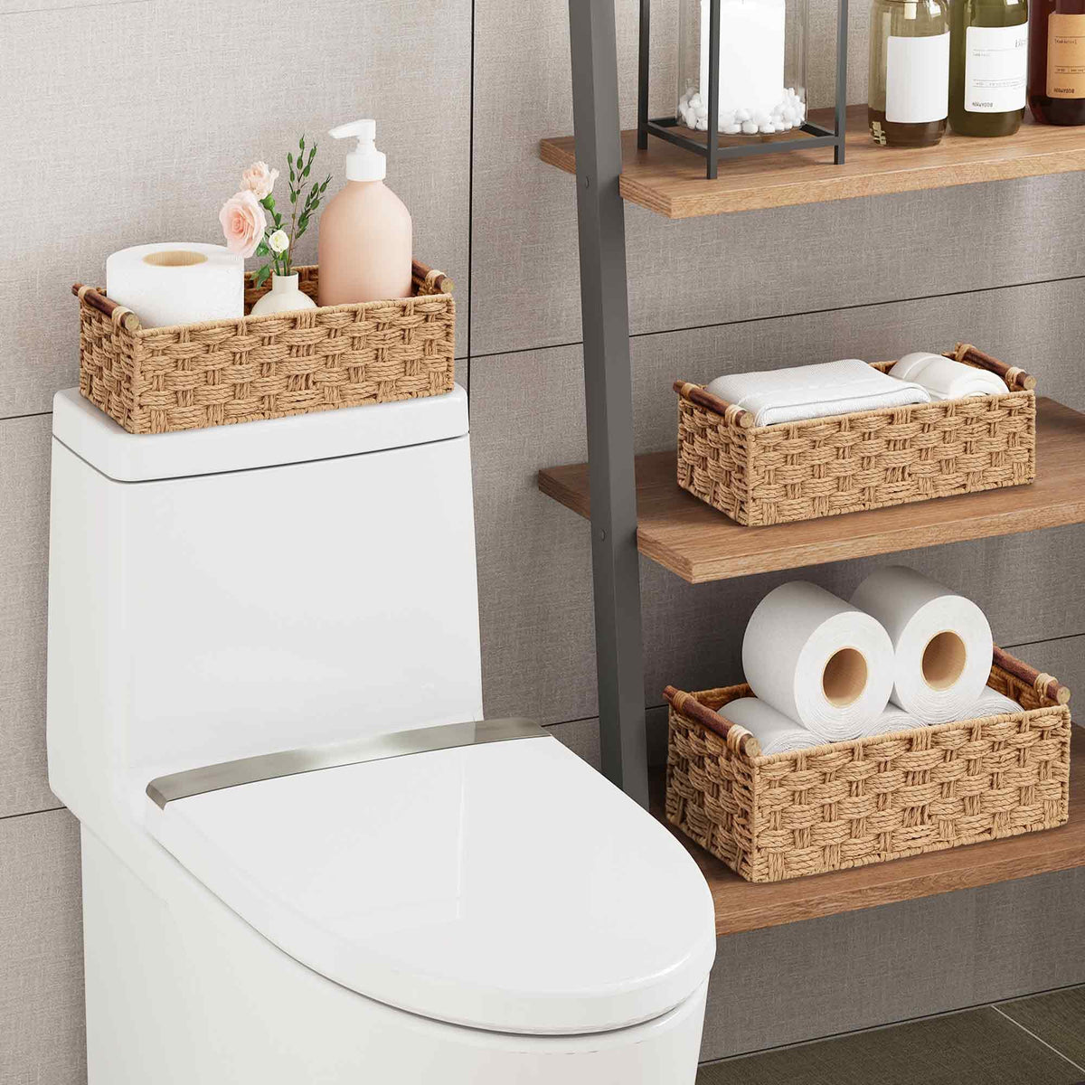 Vagusicc Wicker Storage Basket with Handle, Set of 2 Handwoven Paper Rope Storage Basket for Shelves - image 4