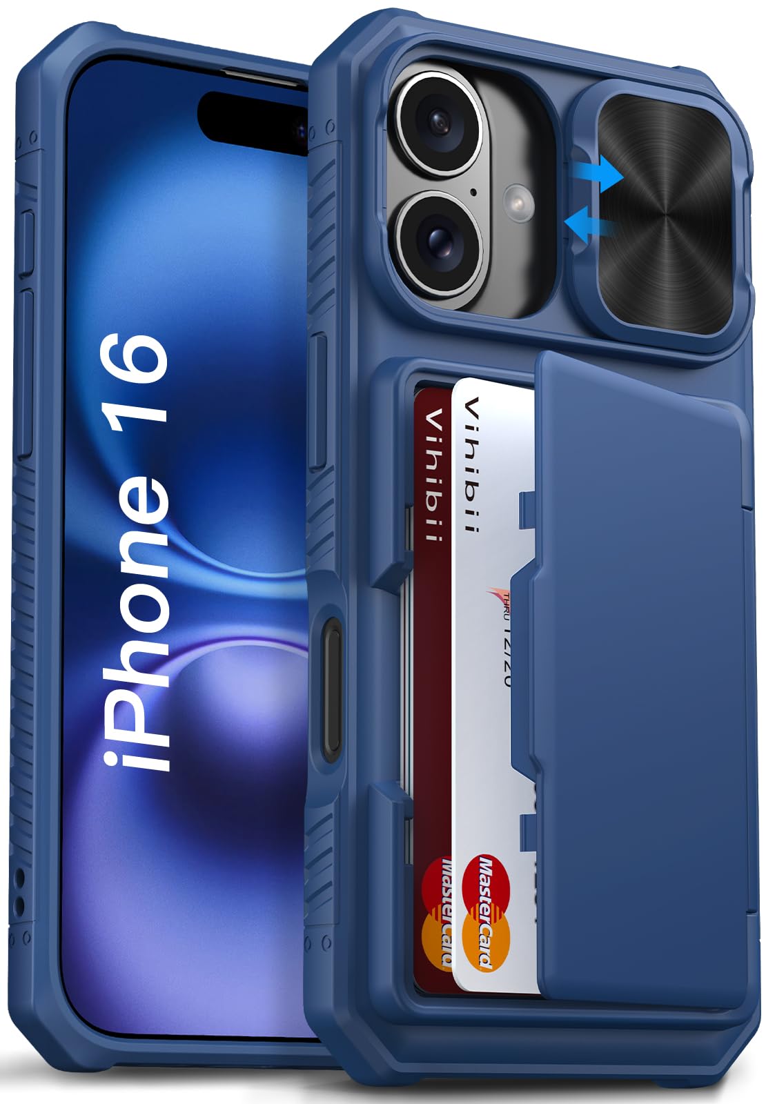 Vihibii iPhone 16 Wallet Case | RFID Blocking & Slide Camera Cover - Blue