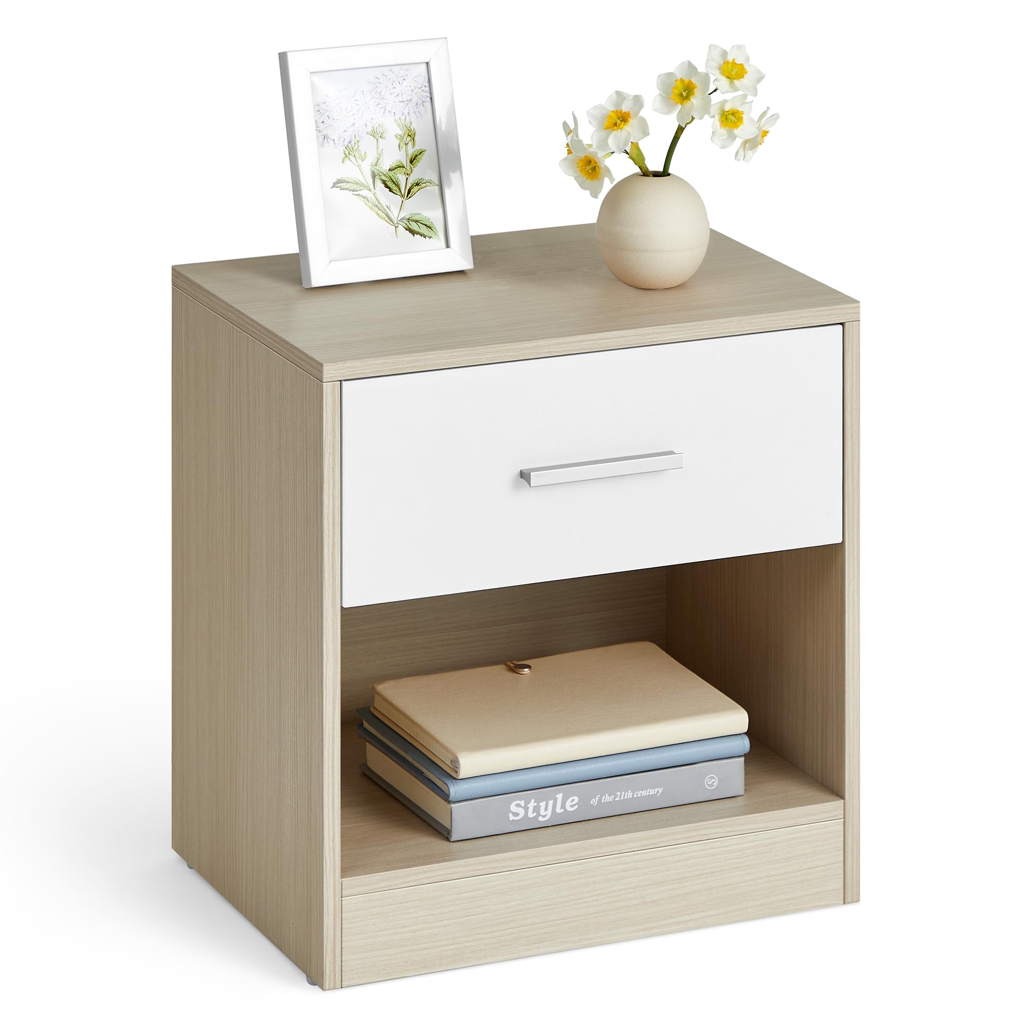 VASAGLE Modern Bedside Table with Drawer – Natural Beige & White