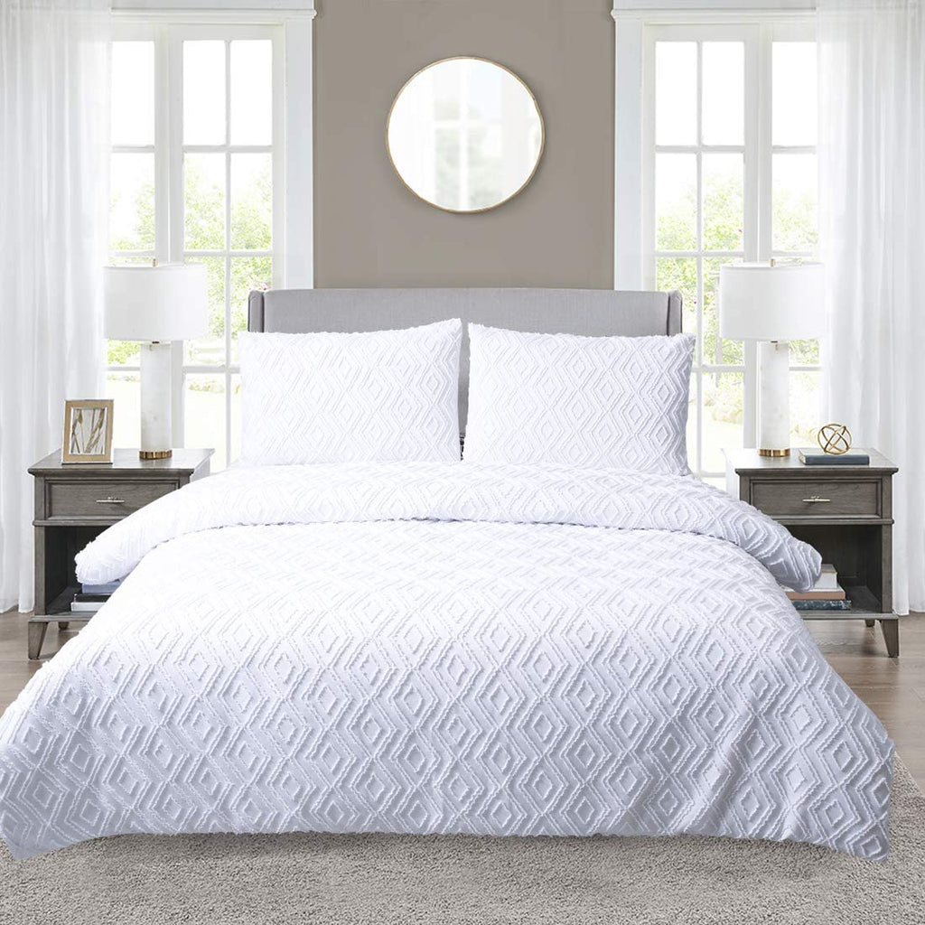 YINFUNG White King Duvet Cover Set – Tufted Geometric 3-Piece Bedding
