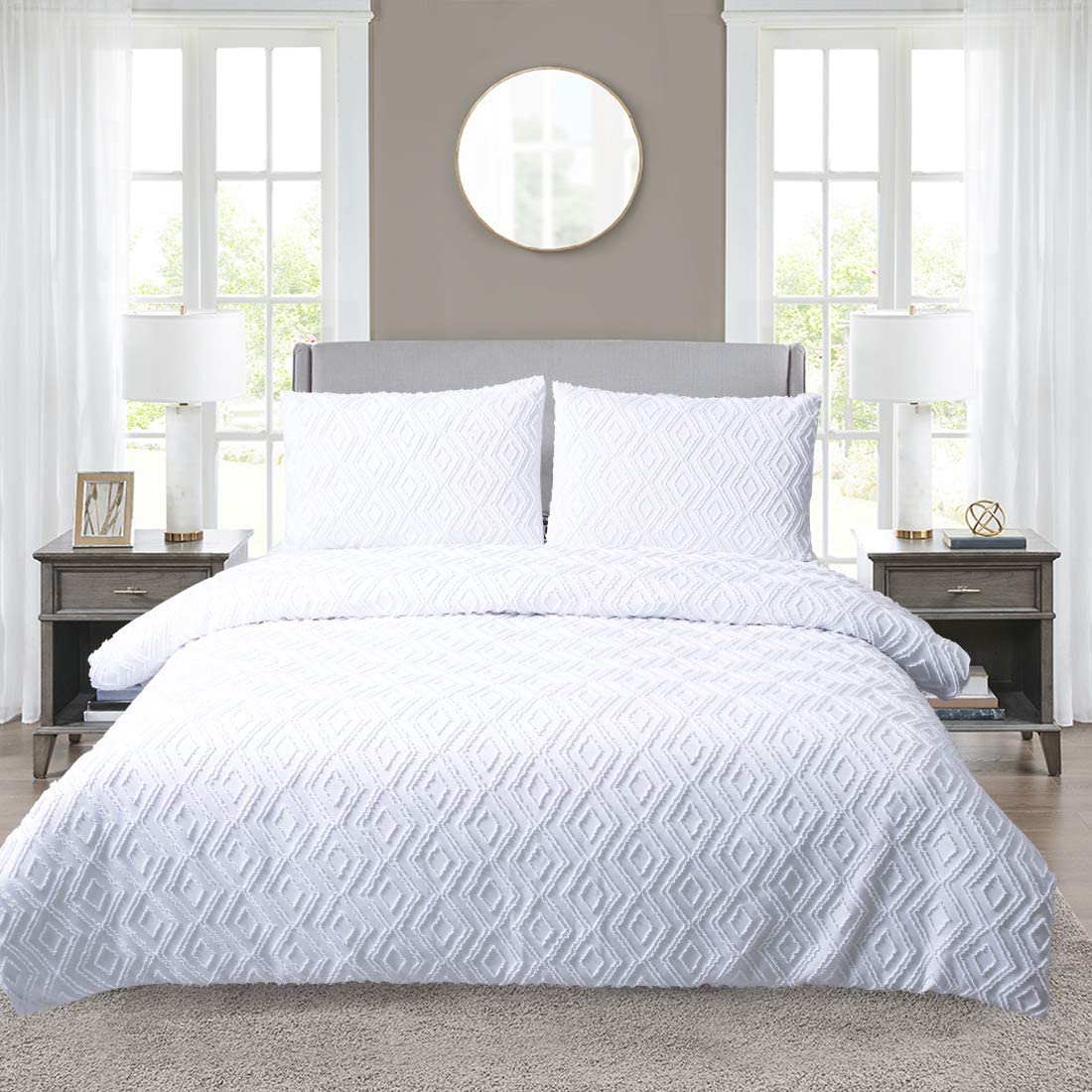 YINFUNG White King Duvet Cover Set – Tufted Geometric 3-Piece Bedding