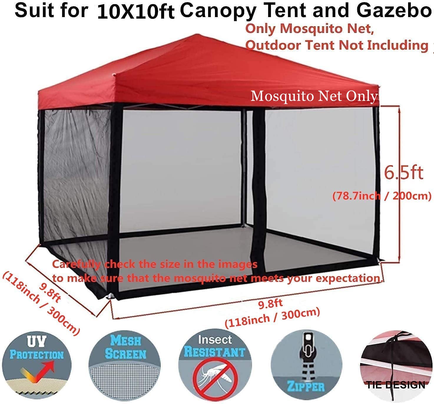 PCAFRS Mosquito Net for 10x10 Gazebo – Zippered Mesh Canopy Screen Wall