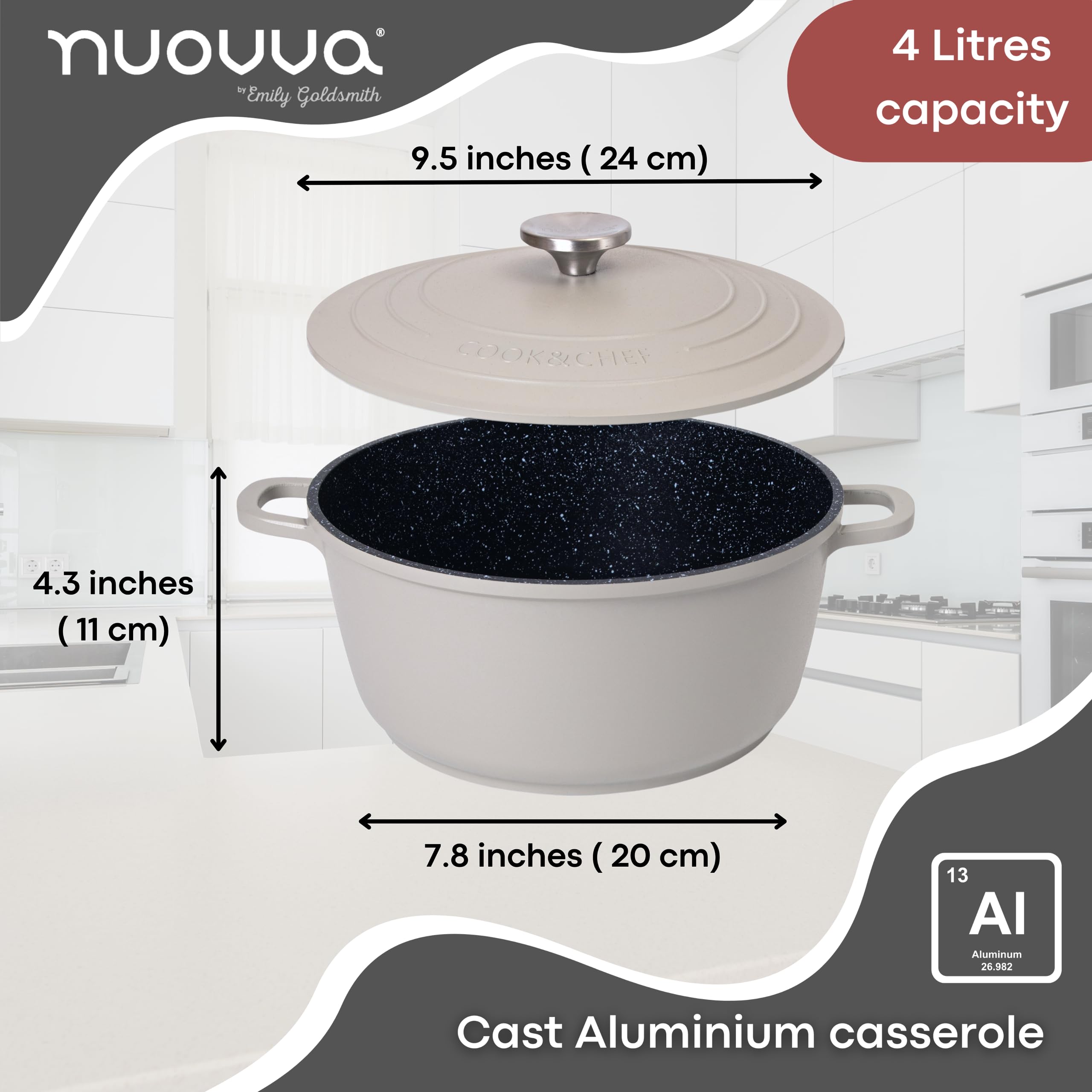 Nuovva 4L Aluminium Dutch Oven – 24cm Non-Stick Casserole Dish, Grey