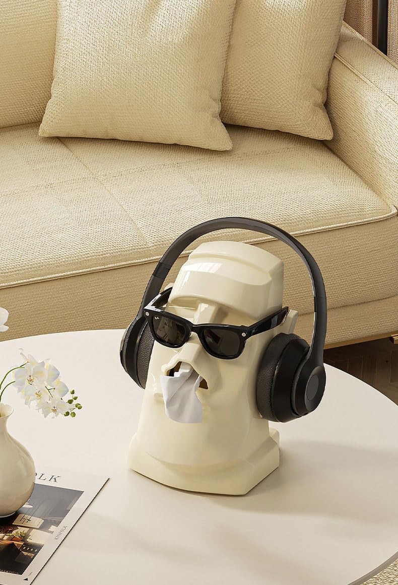 Hosoncovy Moai Tissue Box Holder Stone Face Easter Island Napkin Tissue Holder Box for Home Living Room Bathroom Kitchen Office Bar White
