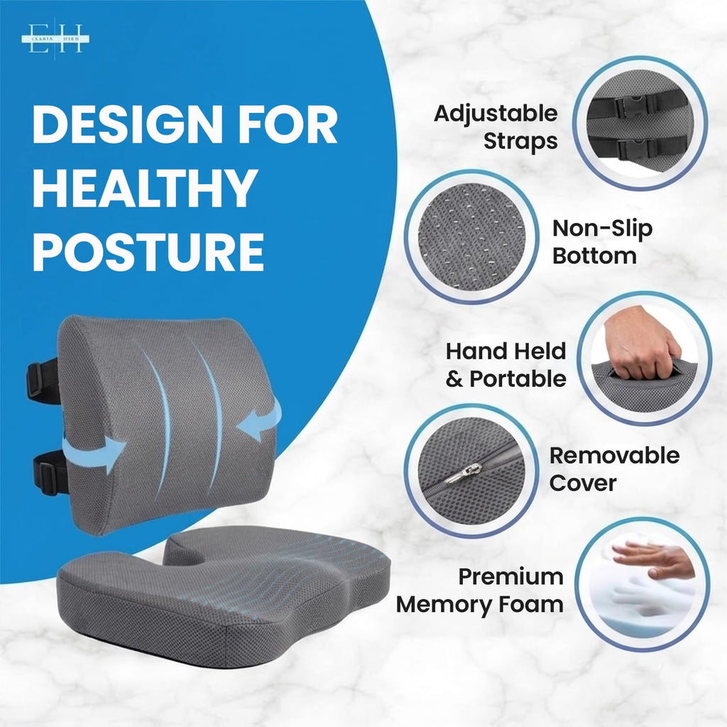 ELIXIR HIVE 2-Piece Orthopaedic Memory Foam Cushion Set – Coccyx & Sciatica Support Grey