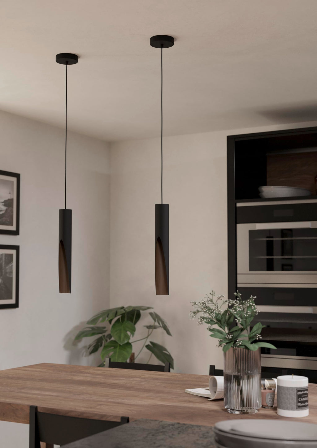 Eglo Barbotto LED Pendant Light – Black Steel & Oak Wood Hanging Lamp