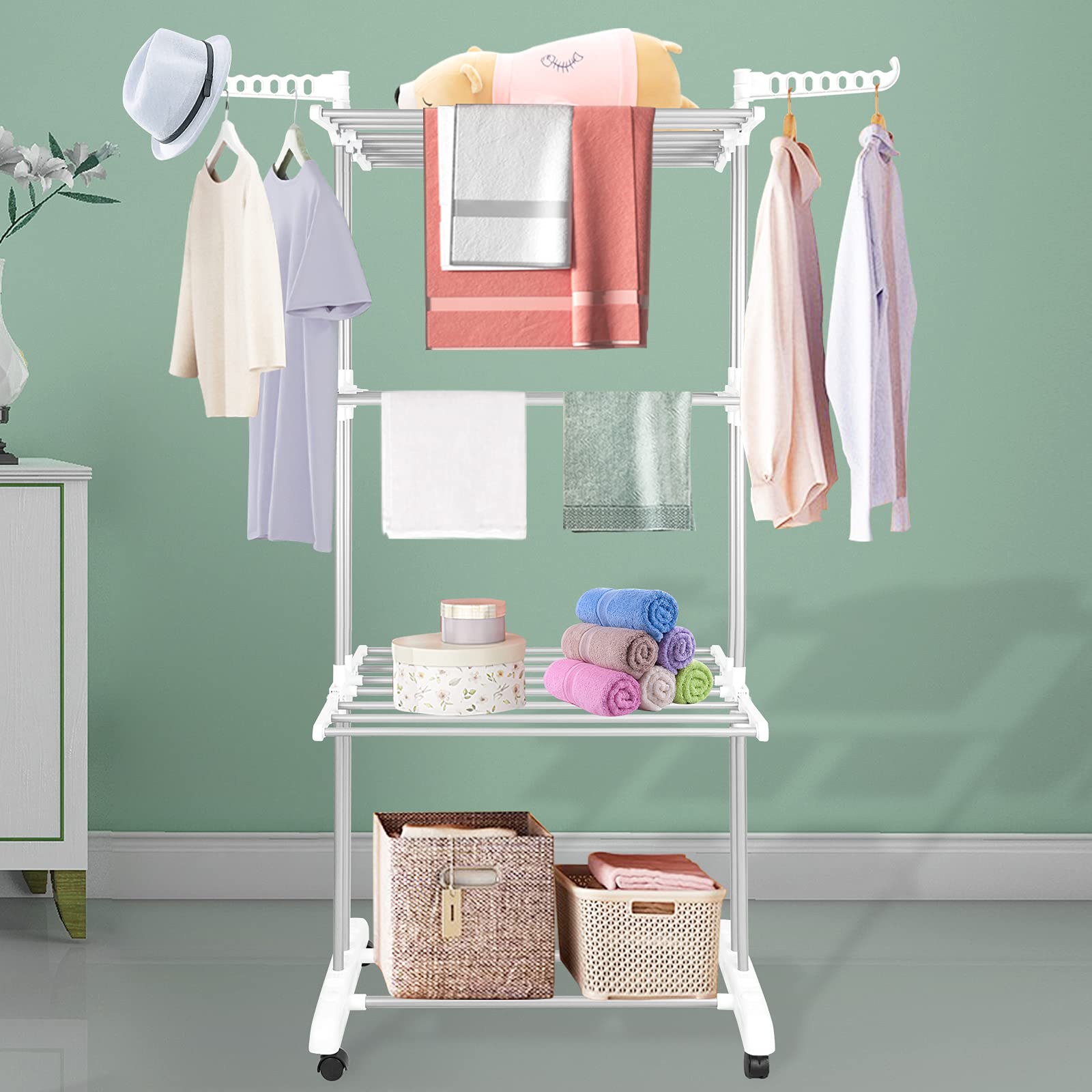 Innotic 4-Tier Foldable Clothes Drying Rack | Stainless Steel Airer with Wheels
