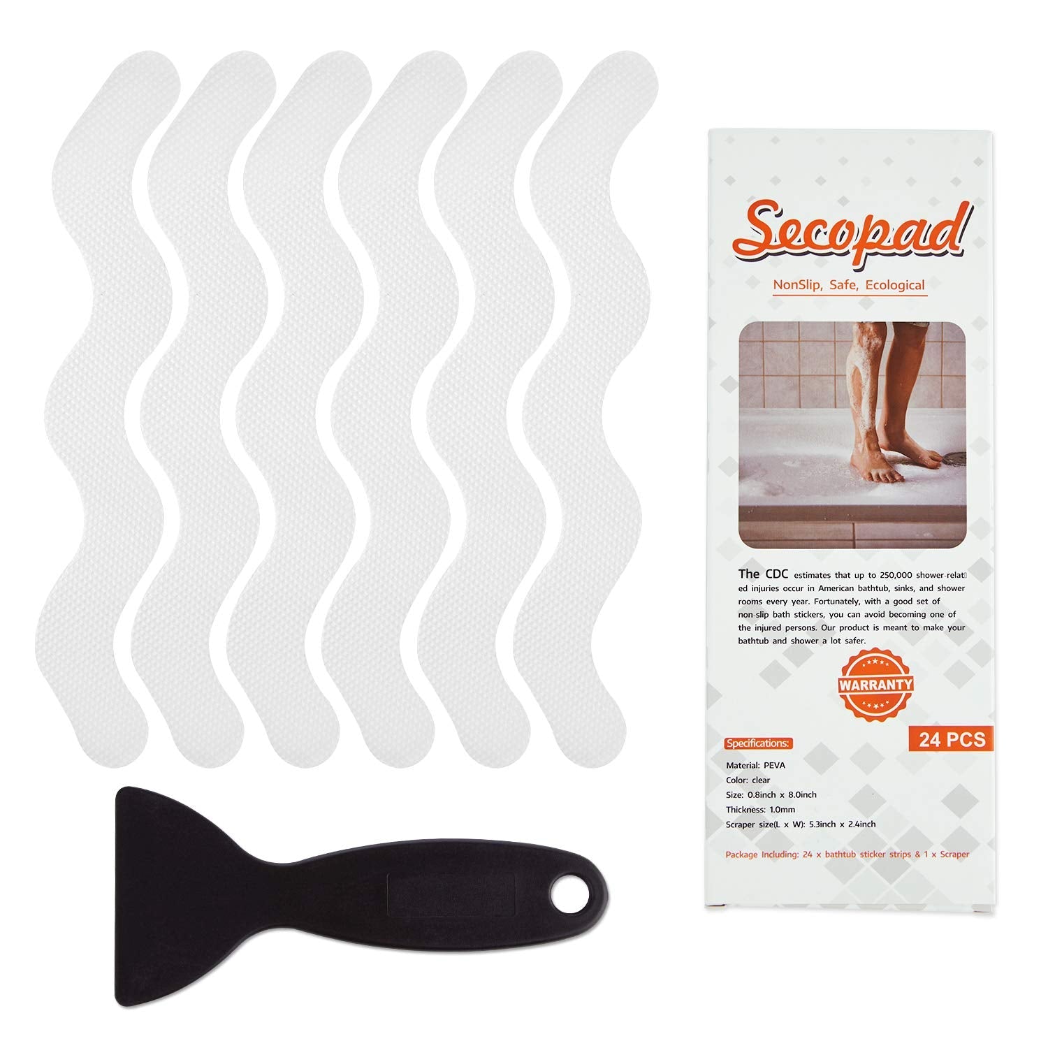 Secopad Anti Slip Shower Stickers | 24 Clear Bathtub Safety Strips & Scraper