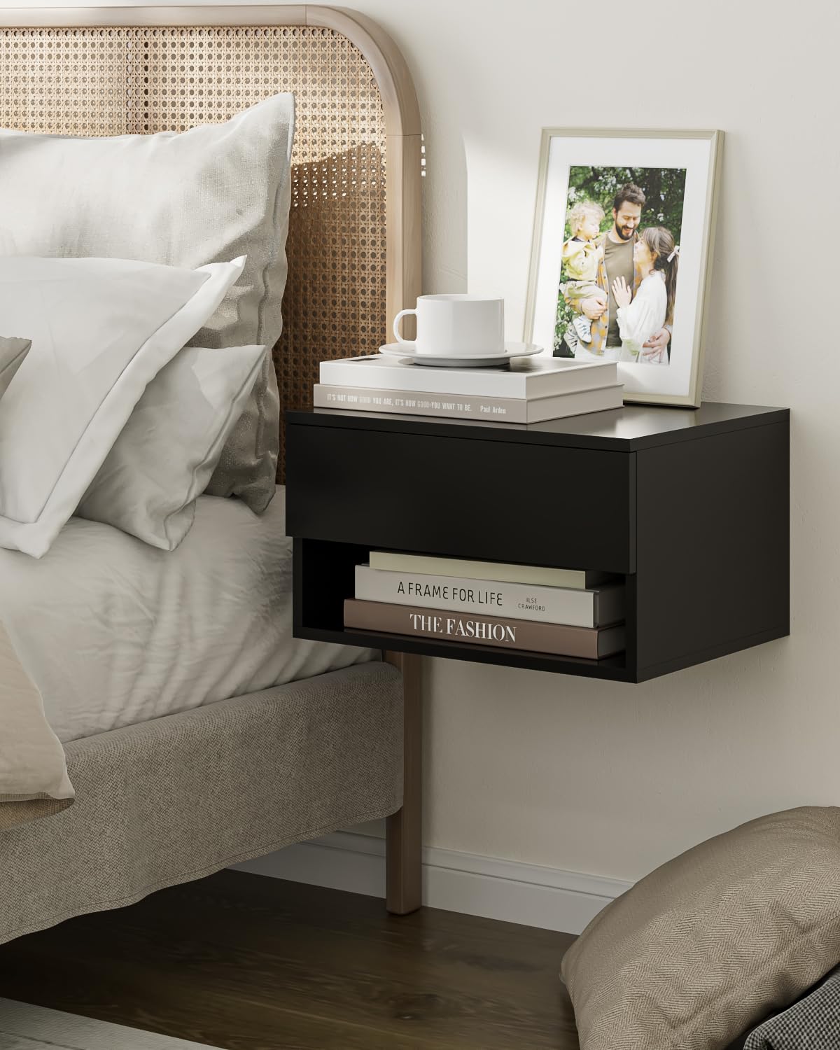 HEYZOEY Floating Bedside Table – Modern Black Wood Nightstand with Drawer