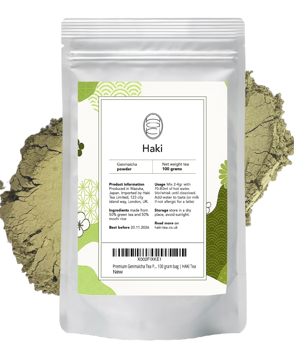 Haki Tea Premium Genmaicha Powder - Japanese Green Tea with Rice - 100g