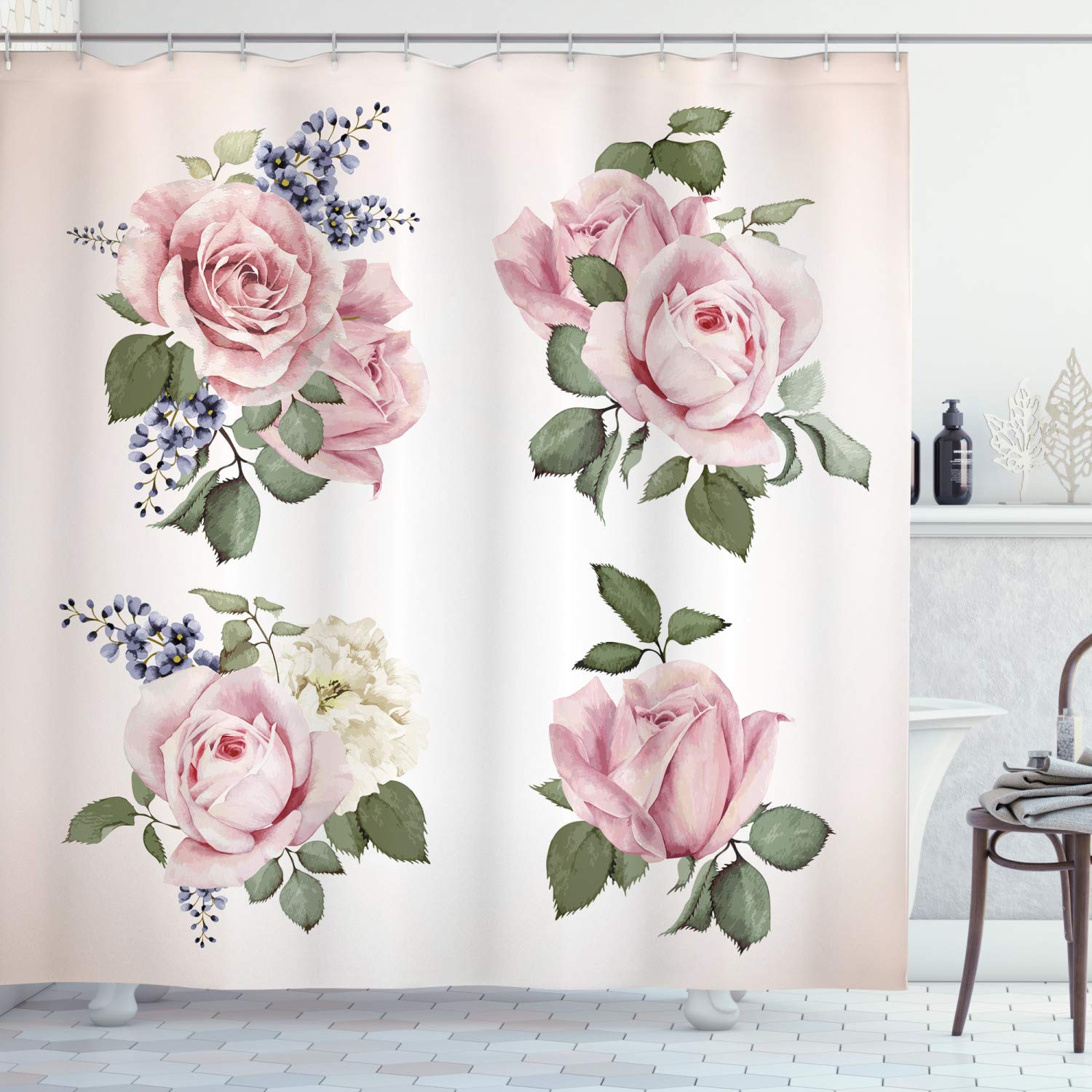 ABAKUHAUS Rose Fabric Shower Curtain | Floral Bathroom Decor with Hooks