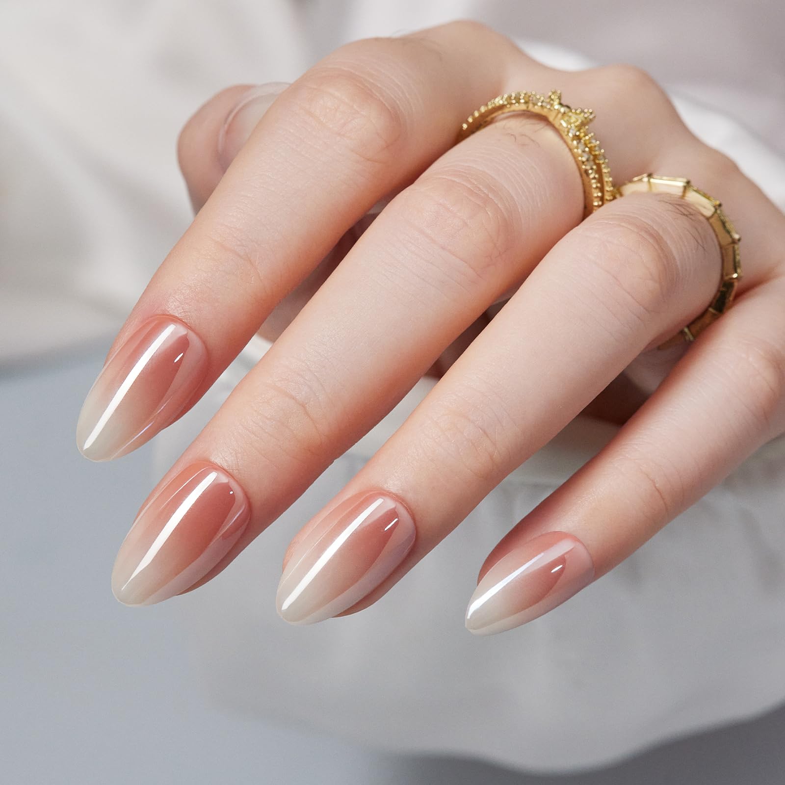 Findigit Almond Press On Nails - Nude White Ombre Soft Gel Kit