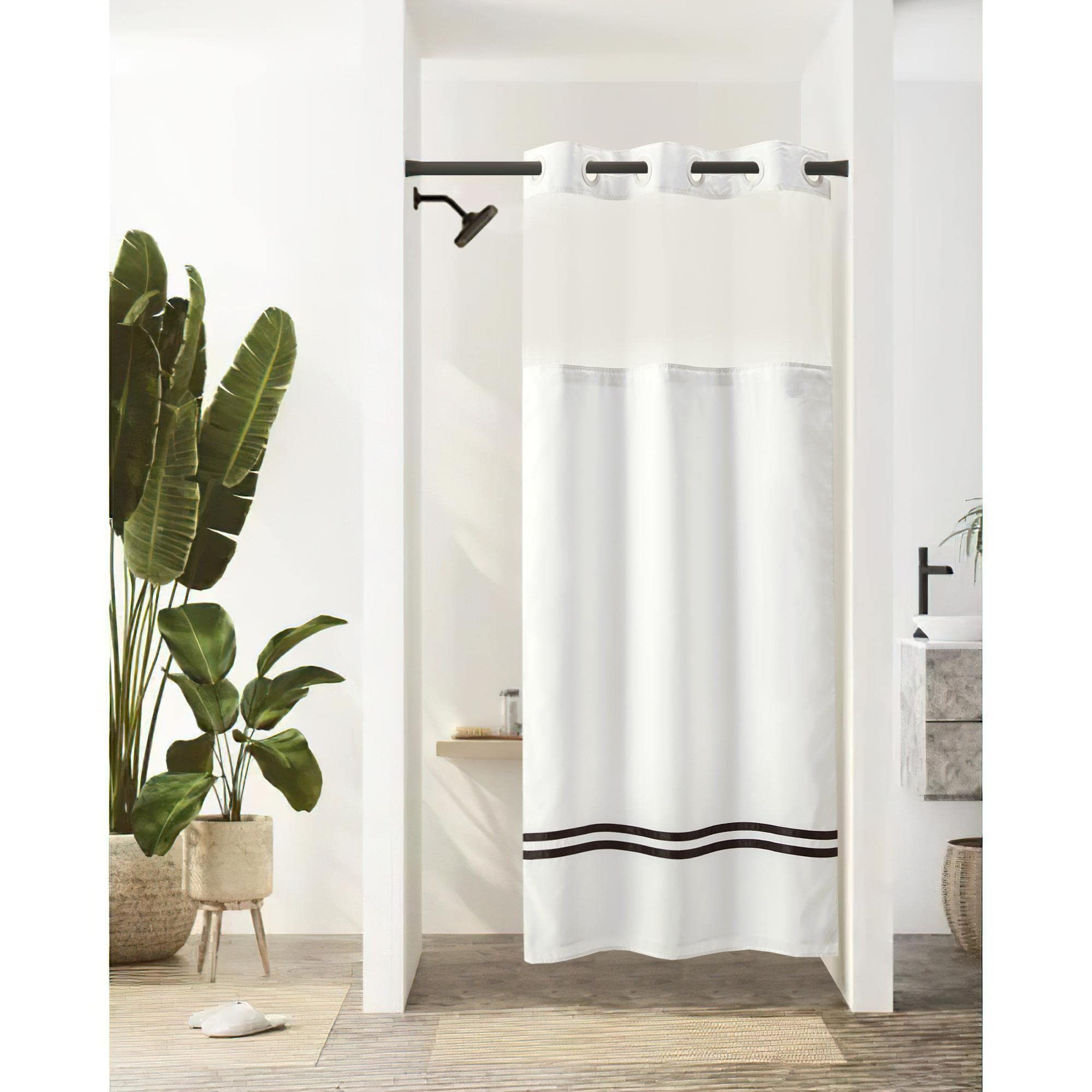River Dream Hookless Stall Shower Curtain with Snap-In Liner, White, 36x74