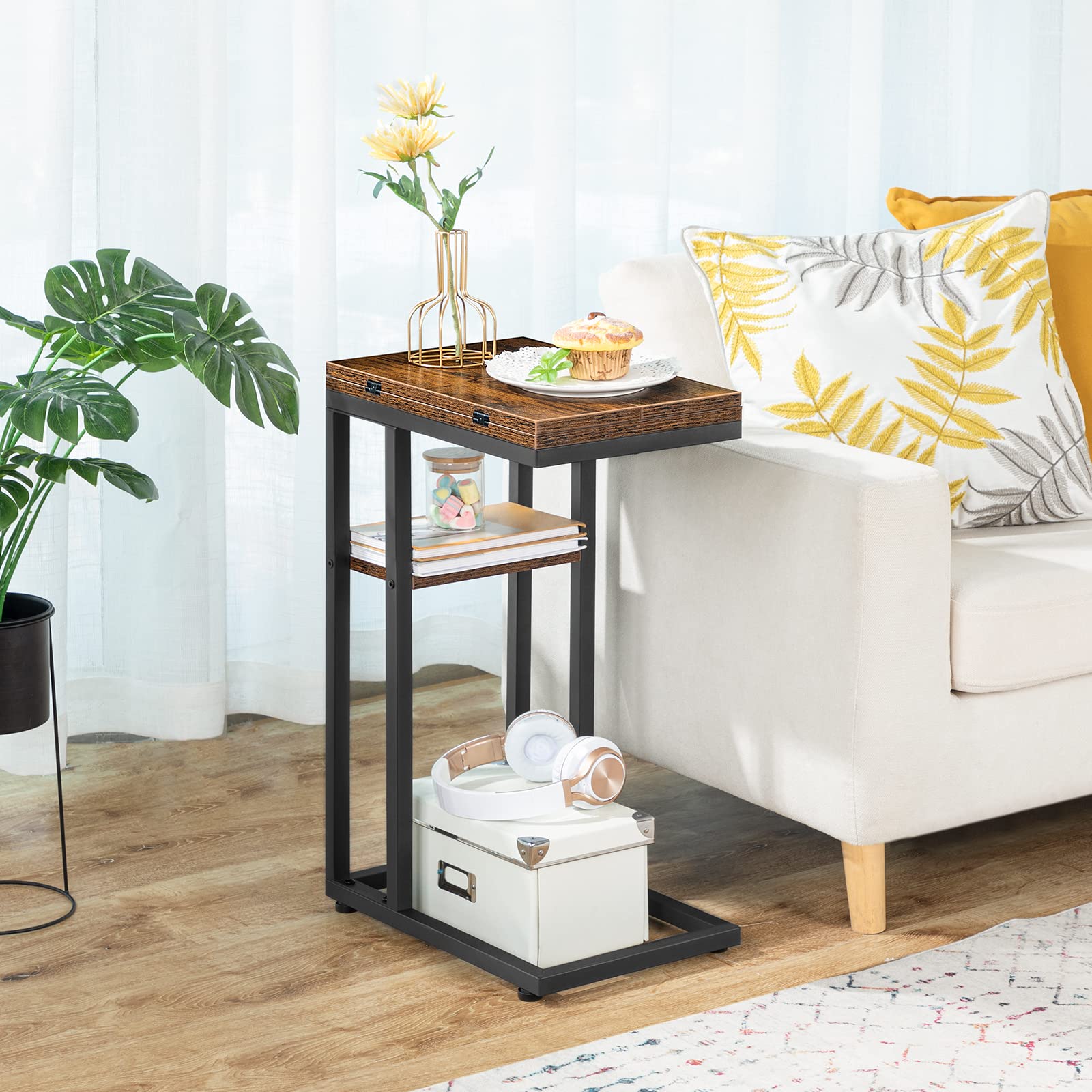 HOOBRO C Shaped Side Table – Foldable Laptop & Snack Table, Rustic Brown
