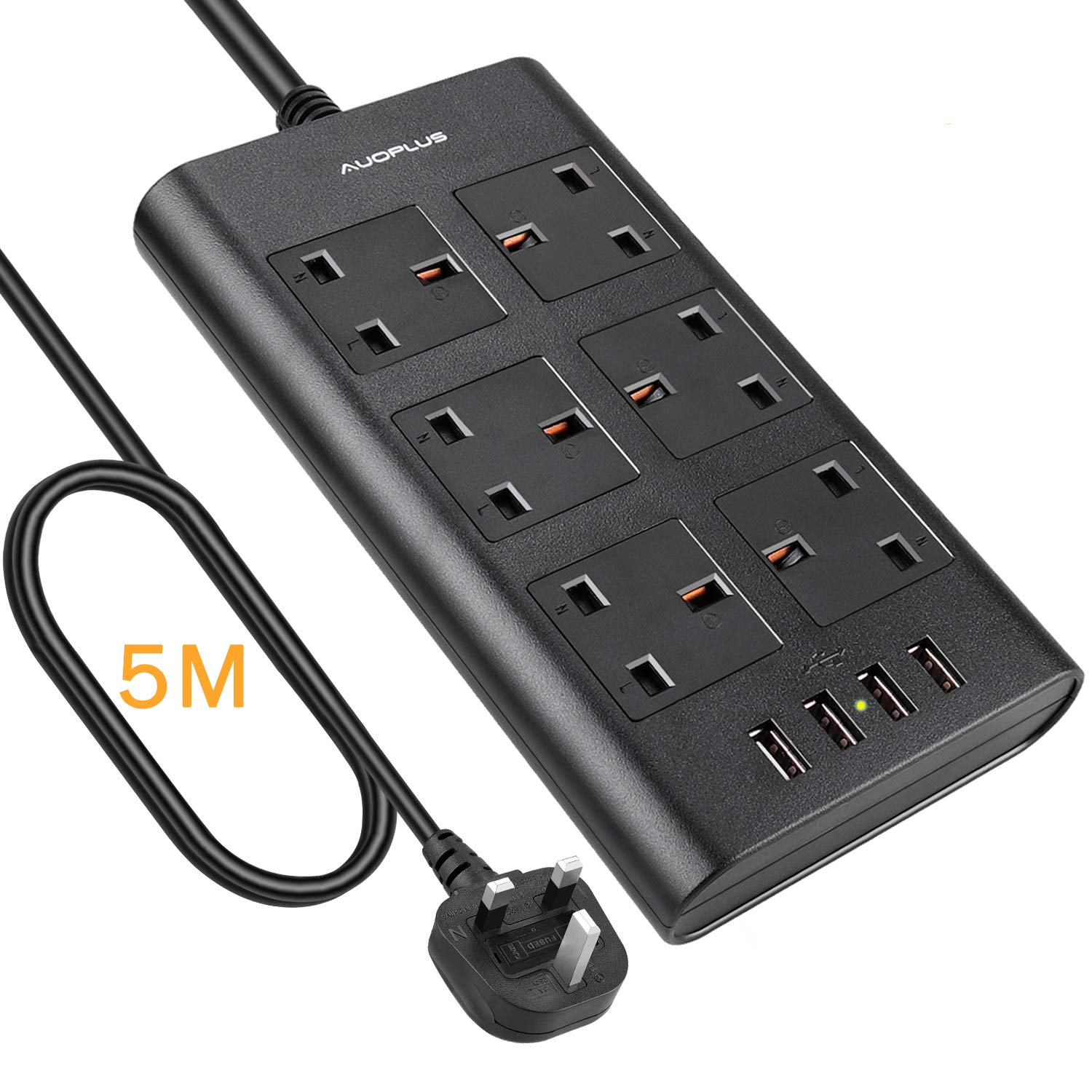 AUOPLUS 6 Way Extension Lead 5M with USB Slots | Power Strip Black