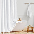BTTN Boho Farmhouse Shower Curtain – Tufted Chevron Tassel, White, 72x73