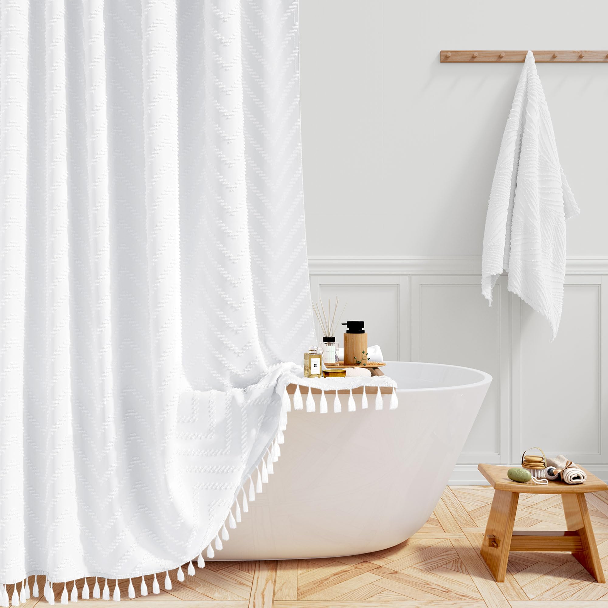 BTTN Boho Farmhouse Shower Curtain – Tufted Chevron Tassel, White, 72x73
