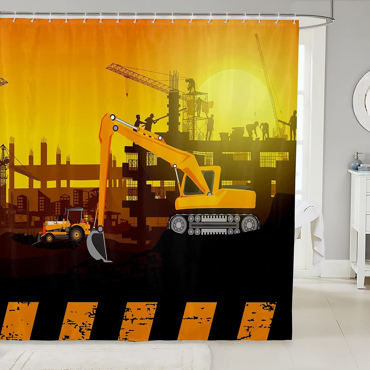 Jolof Store Construction Excavator Shower Curtain | Waterproof Kids Decor