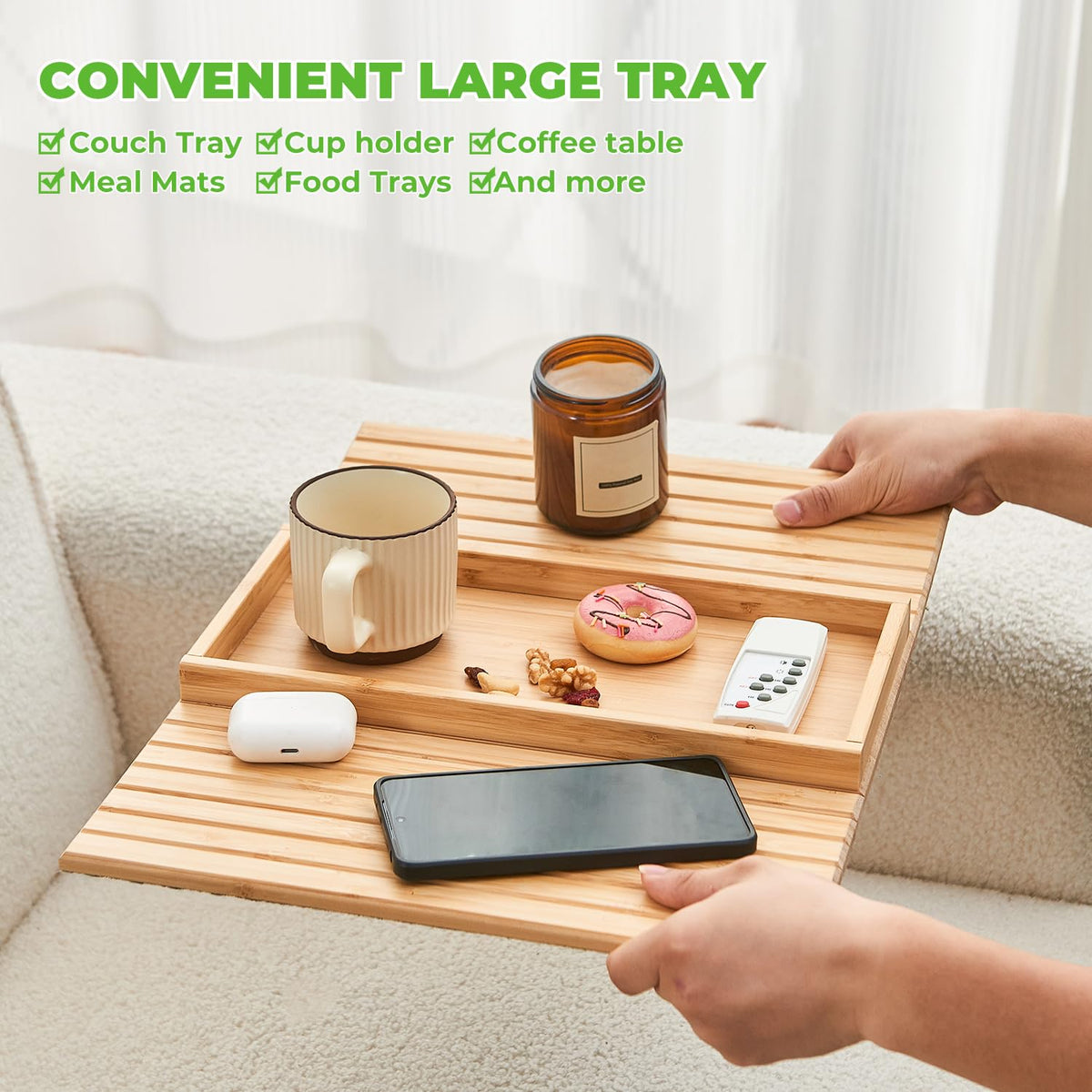 LOVYANXUE Bamboo Sofa Arm Tray, Anti Falling Couch Arm Tray Table, Foldable Couch Armrest Table, Portable Sofa Armrest Trays Cup Holder for Drink - image 3