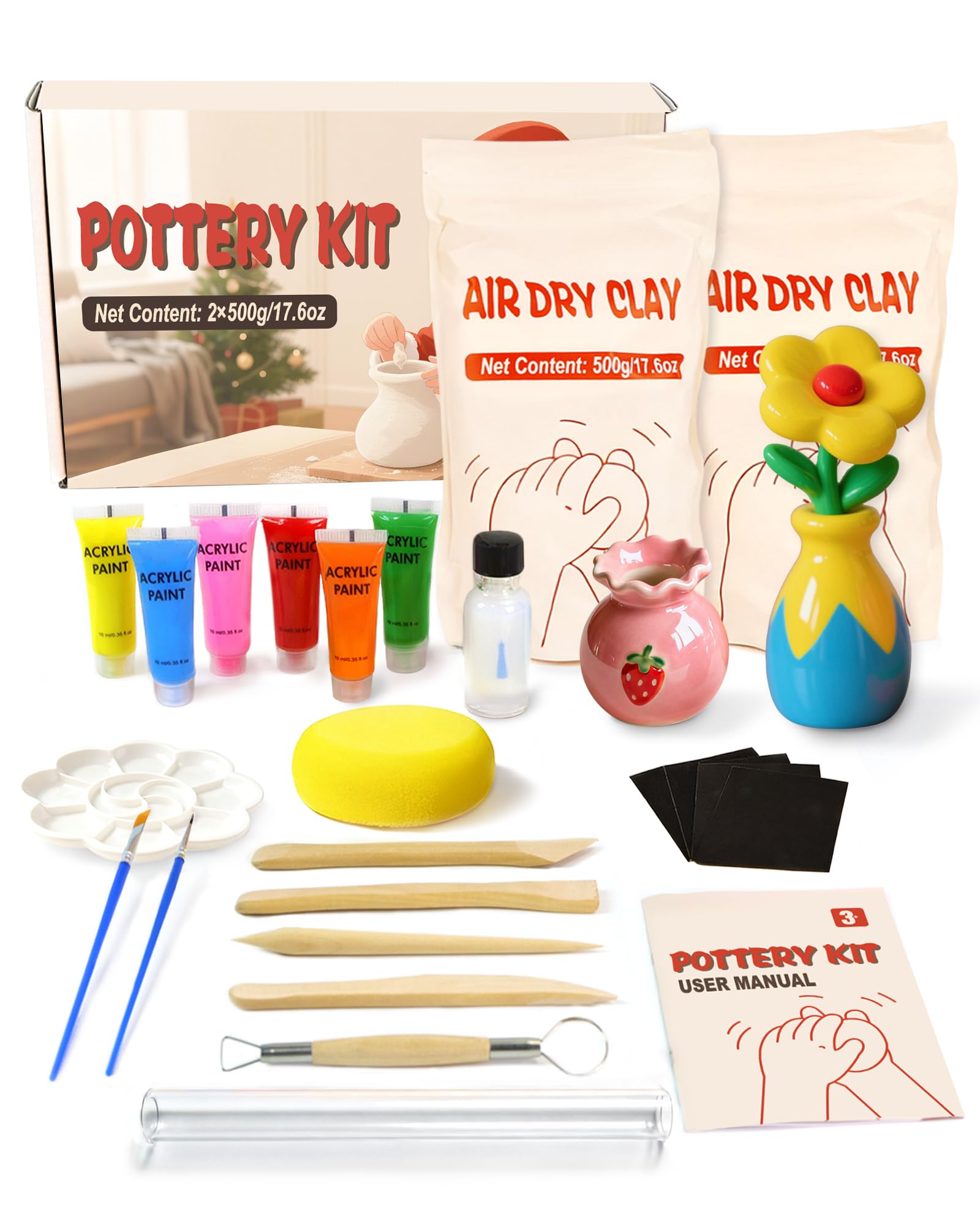Velozenithize Pottery Kit | 1kg Air Dry Clay with Paints and Glaze