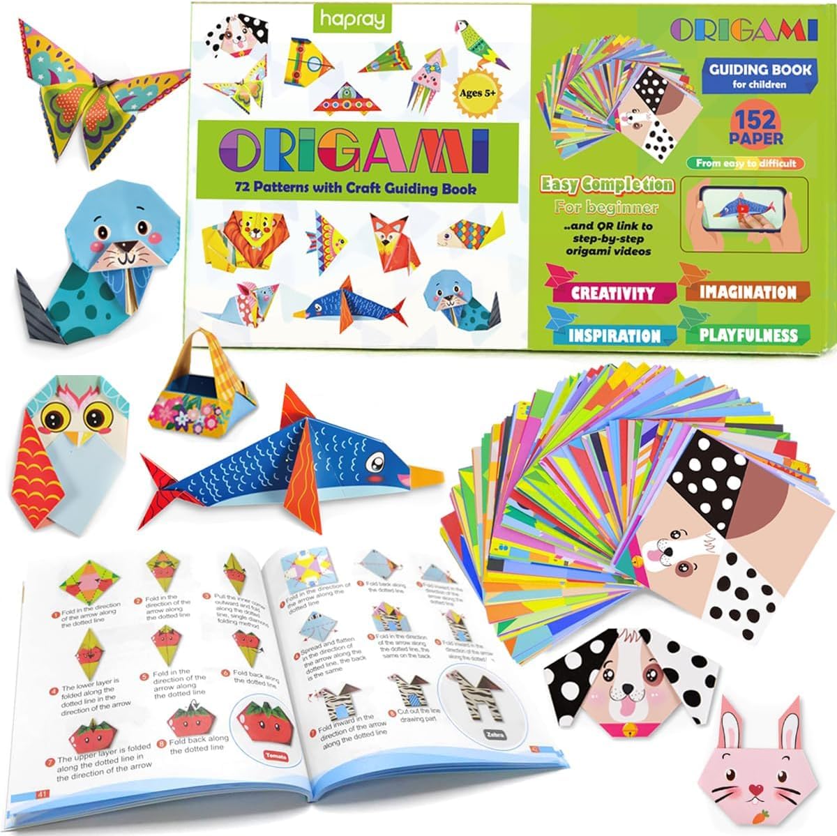 Hapray Origami Kit for Kids: 152 Sheets with 72 Patterns and Guide Book