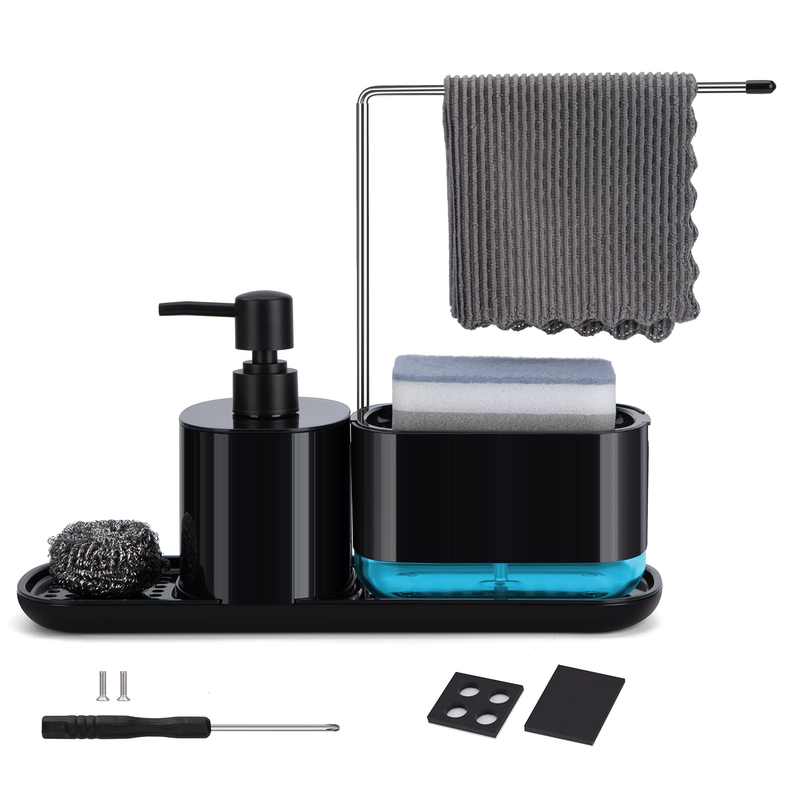 6-in-1 Dual Dish Soap Dispenser with Sponge Holder & Tray