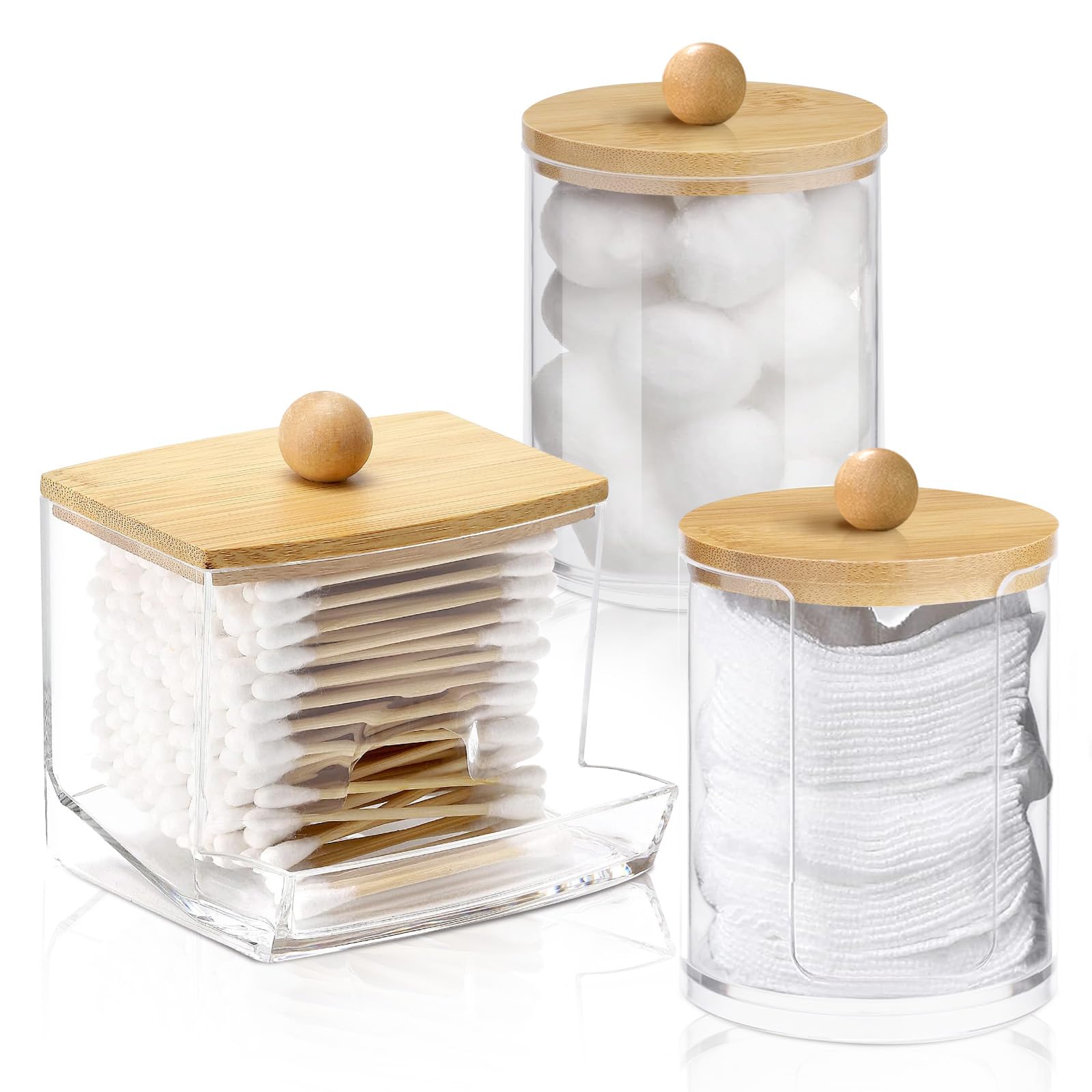 3-Piece Acrylic Cotton Pad Holder Set with Bamboo Lids