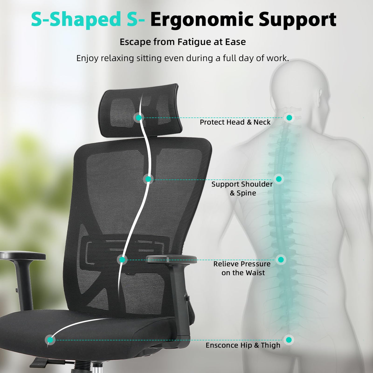 Durrafy Ergonomic Office Chair, Desk Chair with Adjustable Lumbar Headrest and Armrest, Office Chairs Support up to 150 kg - image 4