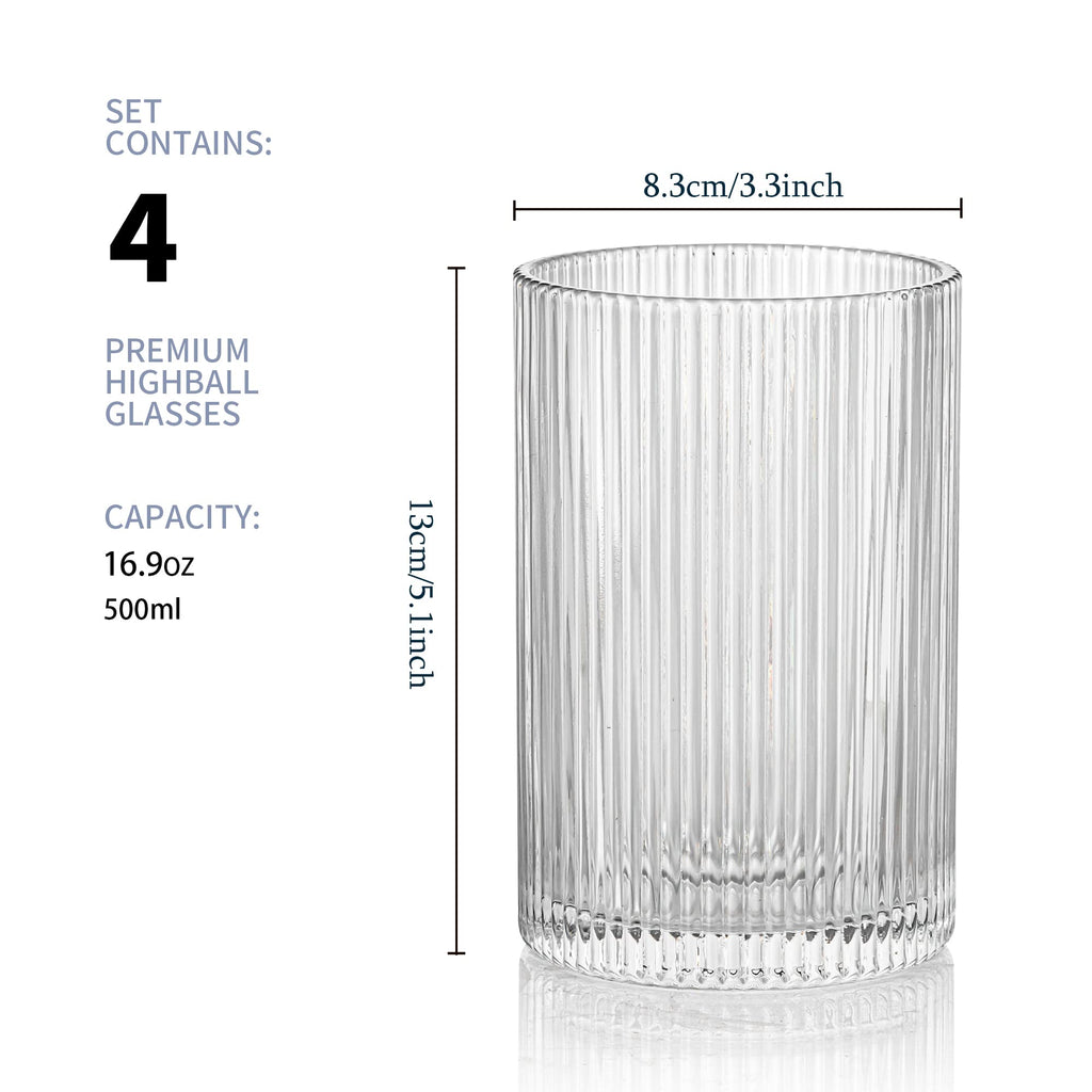 POLIDREAM Ribbed Glassware Set | 16.9oz XL Fluted Origami Drinking Glasses