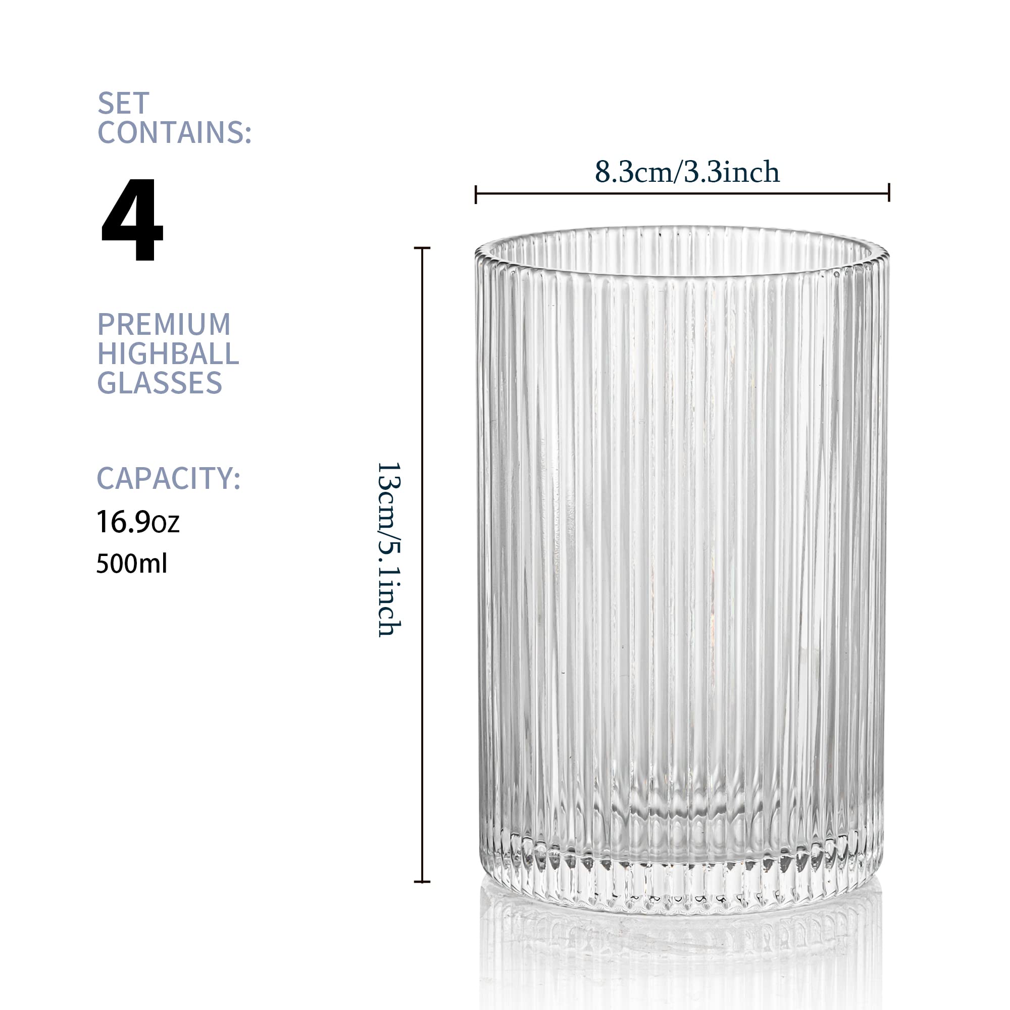 POLIDREAM Ribbed Glassware Set | 16.9oz XL Fluted Origami Drinking Glasses